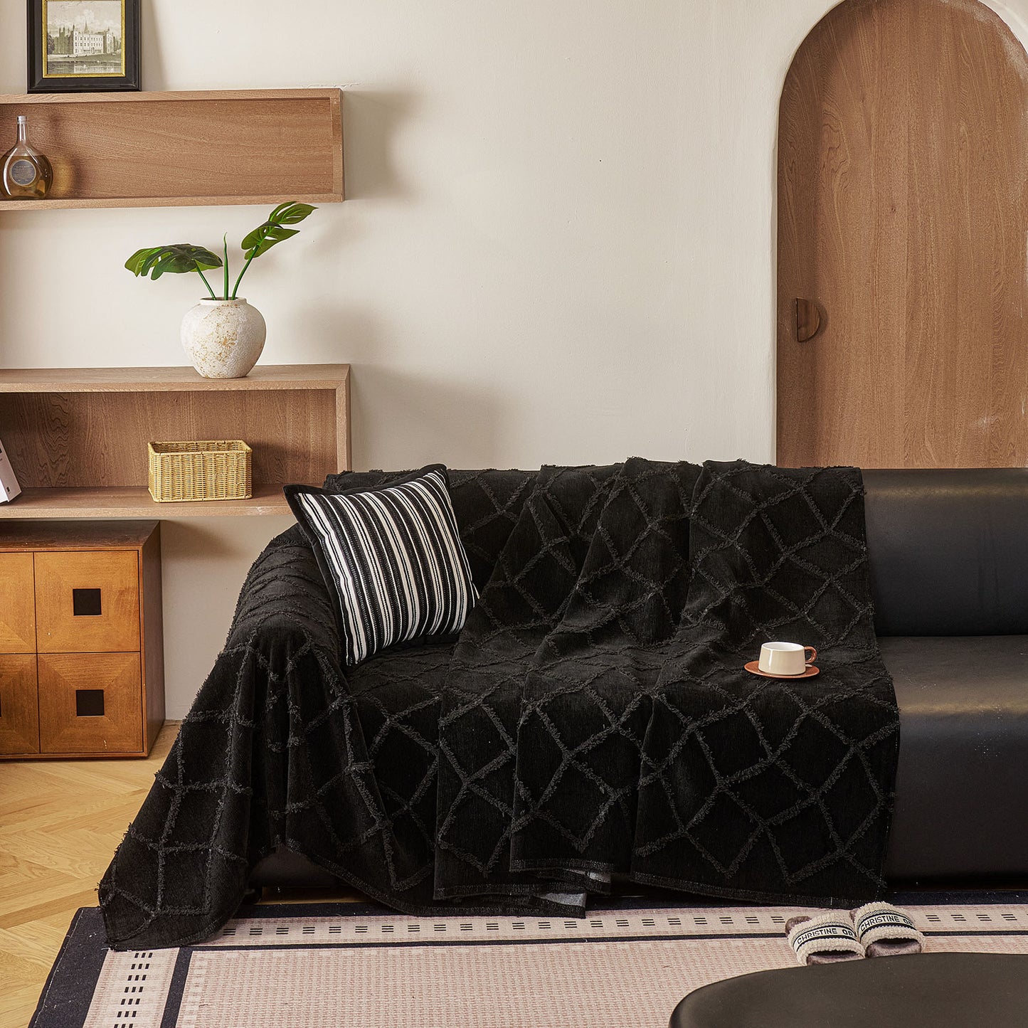 Soft Chenille Sofa Throw Cover, Raised Geometric Texture Furniture Protector Blanket