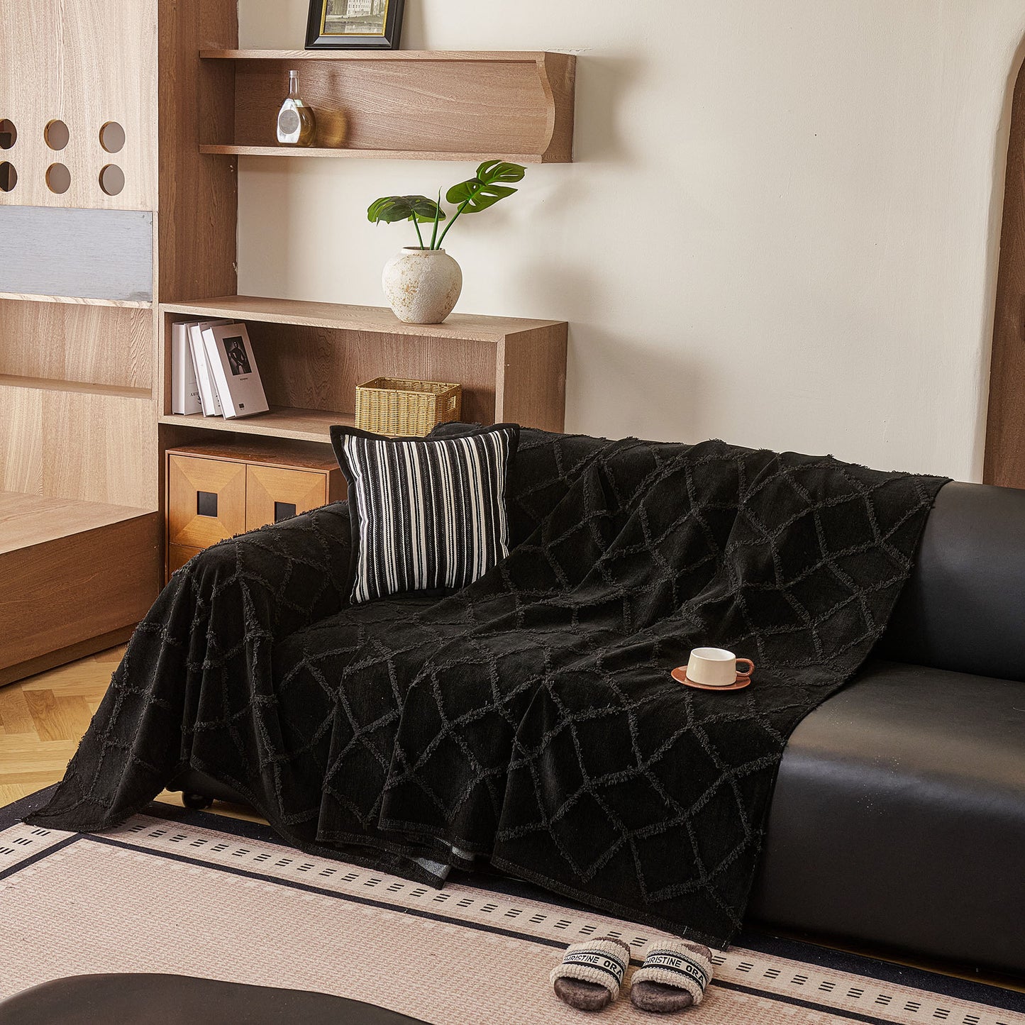 Soft Chenille Sofa Throw Cover, Raised Geometric Texture Furniture Protector Blanket
