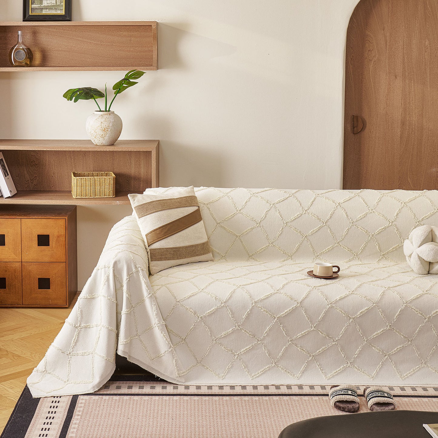 Soft Chenille Sofa Throw Cover, Raised Geometric Texture Furniture Protector Blanket