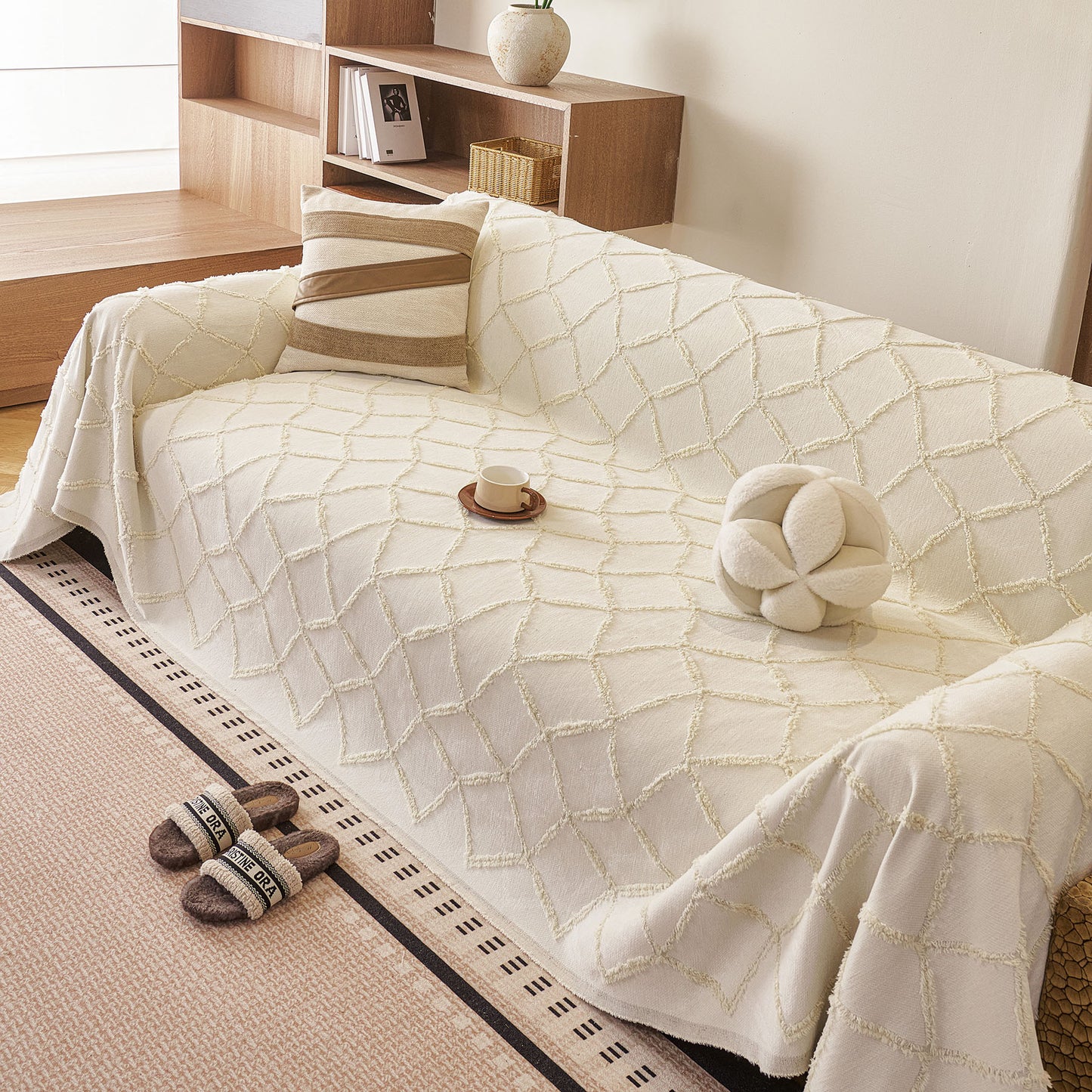 Soft Chenille Sofa Throw Cover, Raised Geometric Texture Furniture Protector Blanket