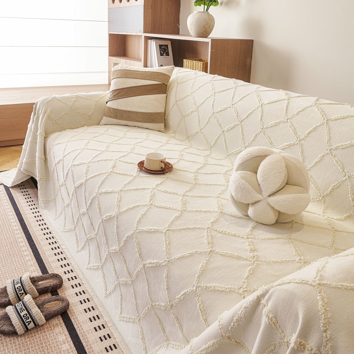 Soft Chenille Sofa Throw Cover, Raised Geometric Texture Furniture Protector Blanket