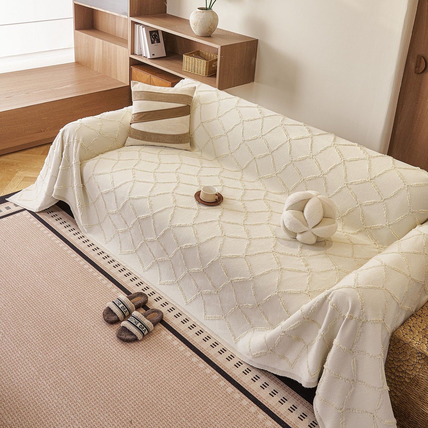 Soft Chenille Sofa Throw Cover, Raised Geometric Texture Furniture Protector Blanket