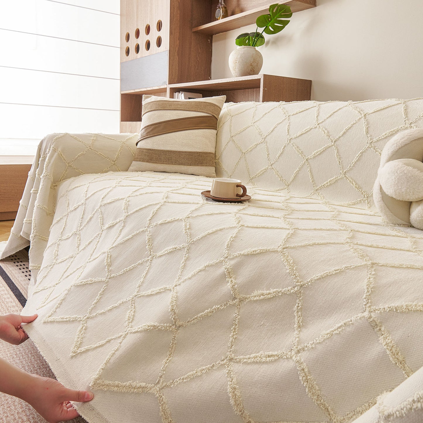 Soft Chenille Sofa Throw Cover, Raised Geometric Texture Furniture Protector Blanket
