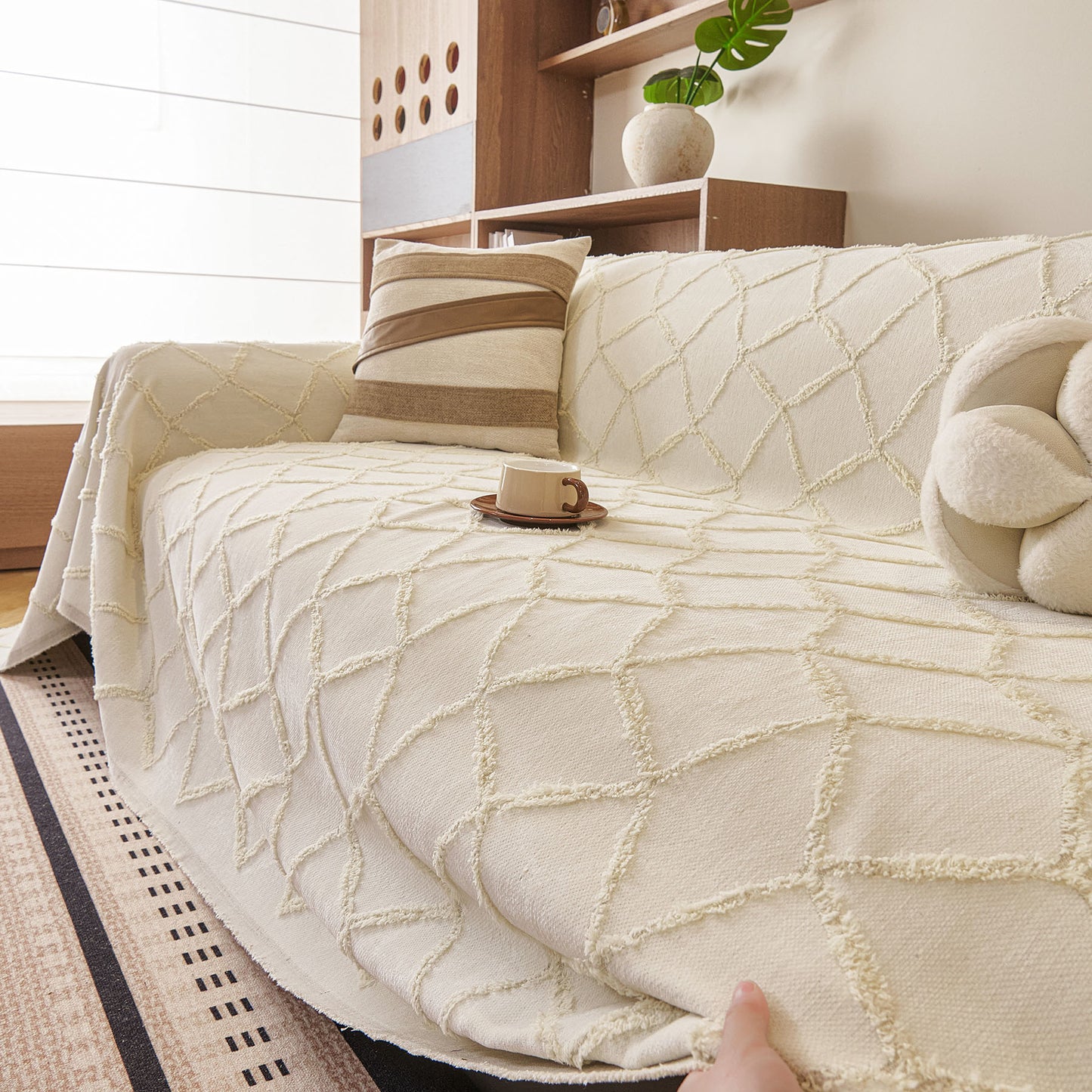 Soft Chenille Sofa Throw Cover, Raised Geometric Texture Furniture Protector Blanket