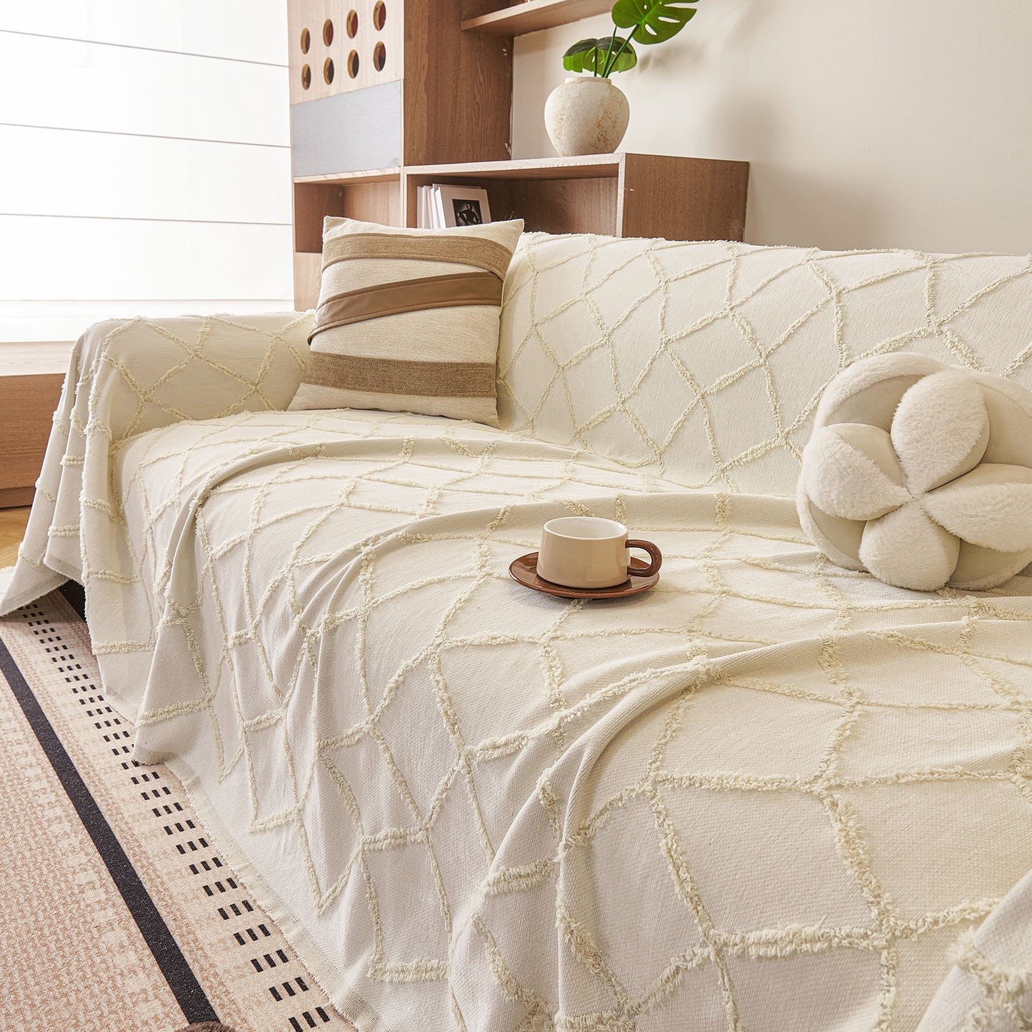 Soft Chenille Sofa Throw Cover, Raised Geometric Texture Furniture Protector Blanket