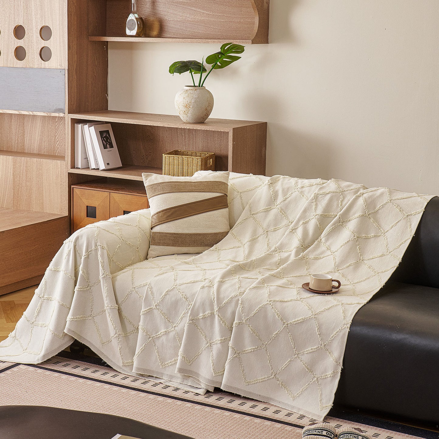 Soft Chenille Sofa Throw Cover, Raised Geometric Texture Furniture Protector Blanket