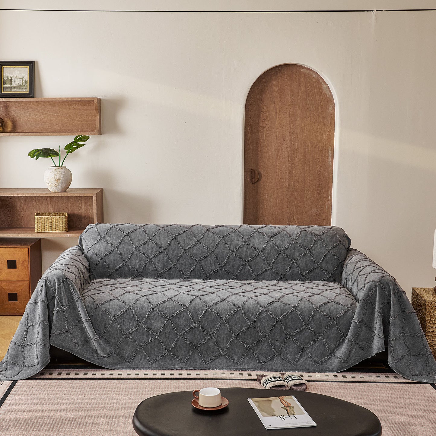 Soft Chenille Sofa Throw Cover, Raised Geometric Texture Furniture Protector Blanket