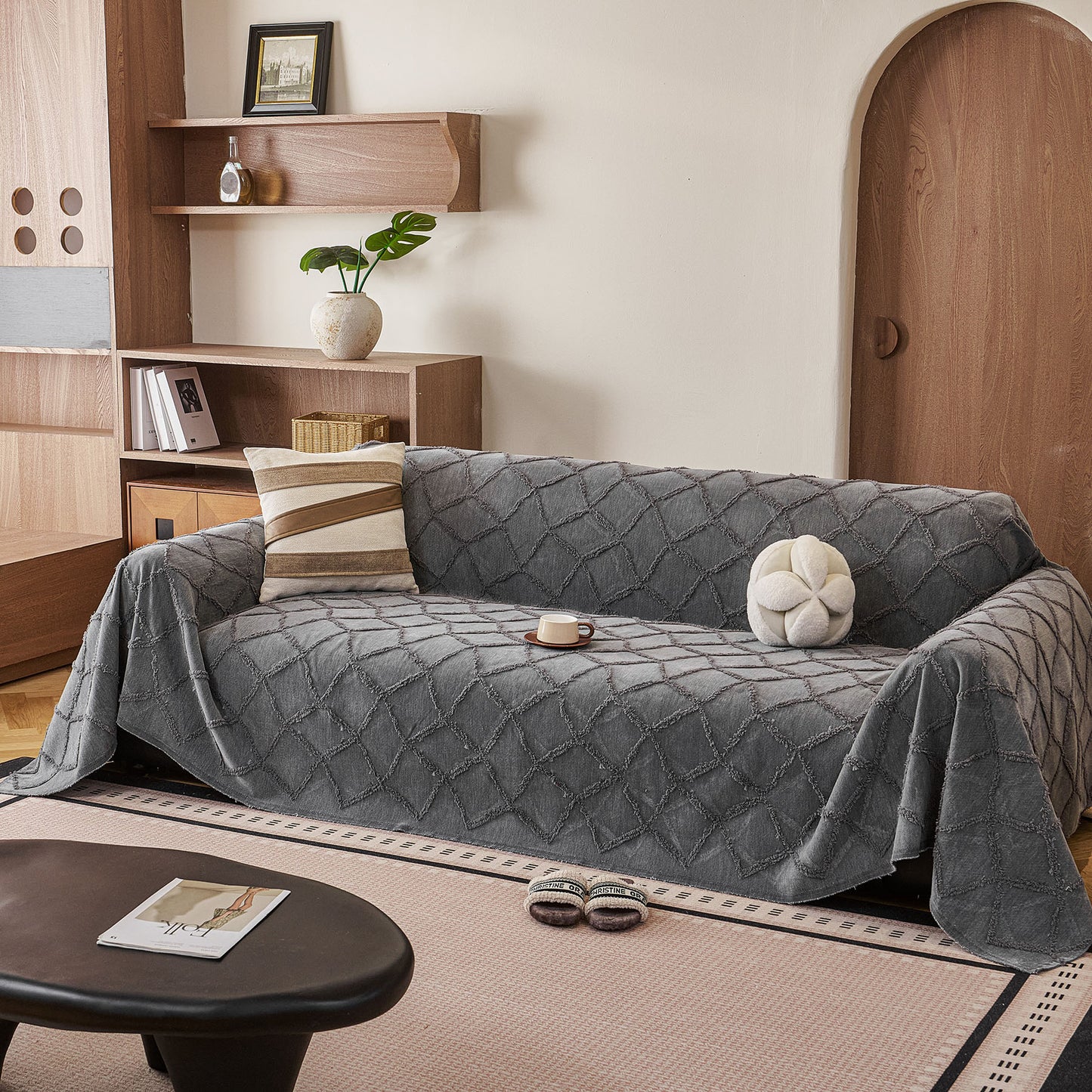 Soft Chenille Sofa Throw Cover, Raised Geometric Texture Furniture Protector Blanket