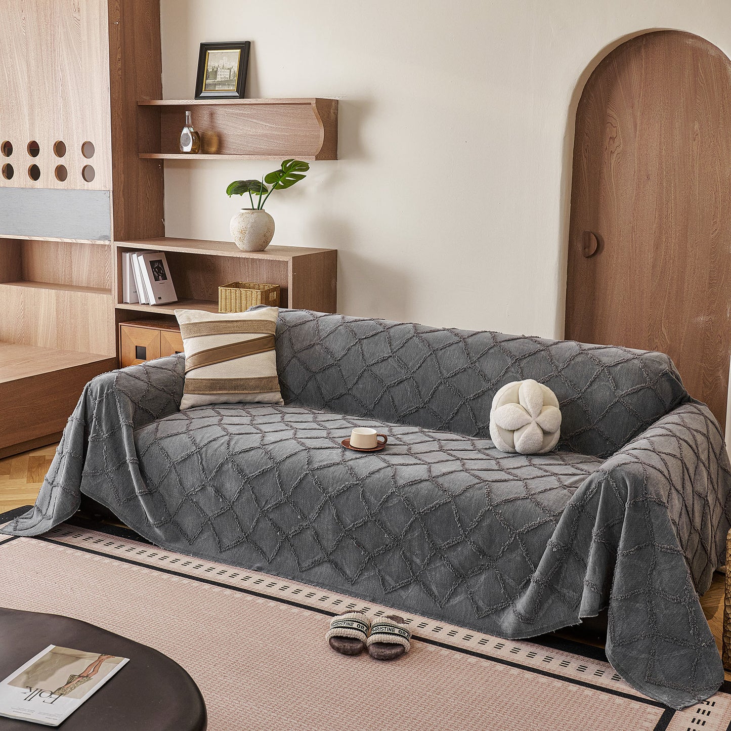 Soft Chenille Sofa Throw Cover, Raised Geometric Texture Furniture Protector Blanket