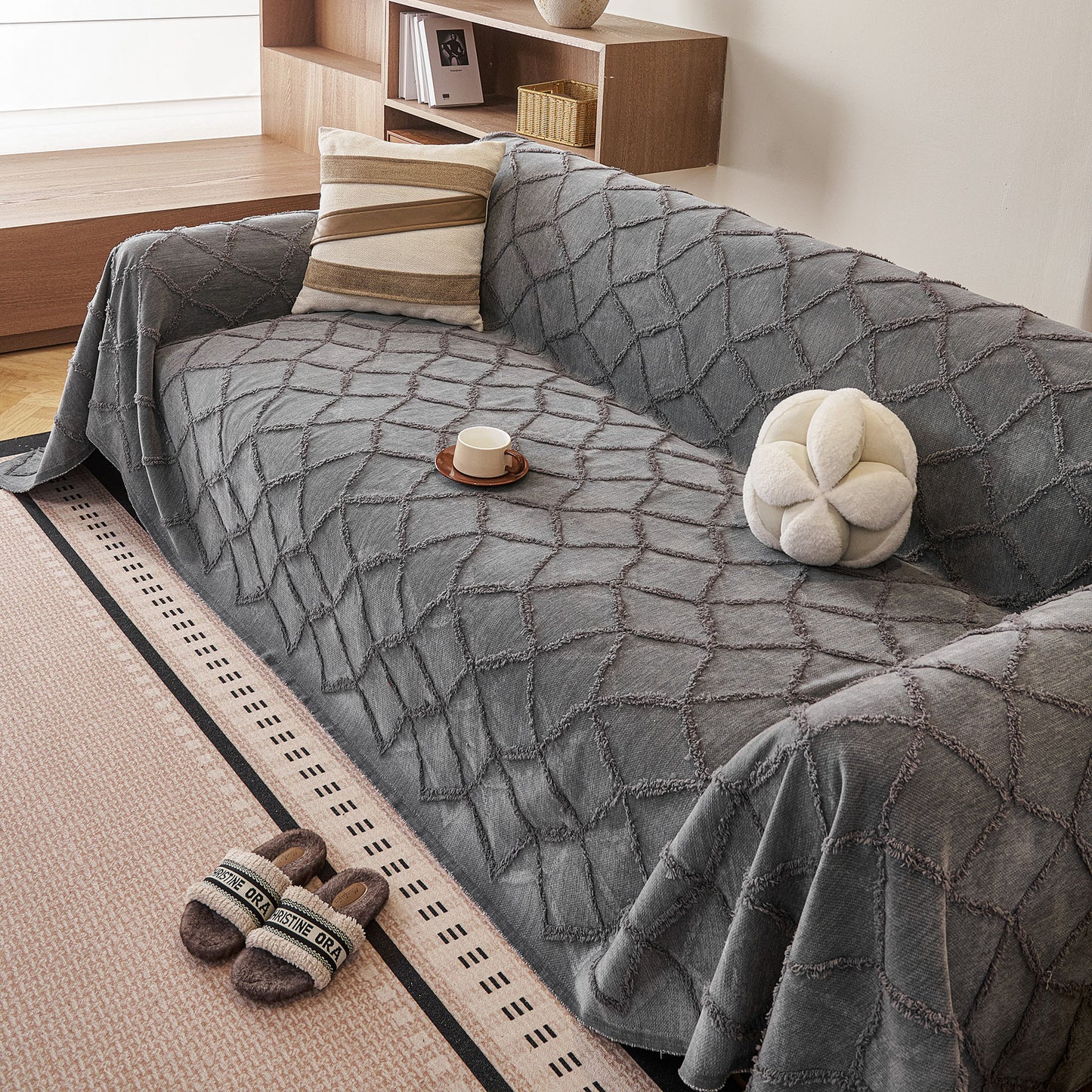 Soft Chenille Sofa Throw Cover, Raised Geometric Texture Furniture Protector Blanket