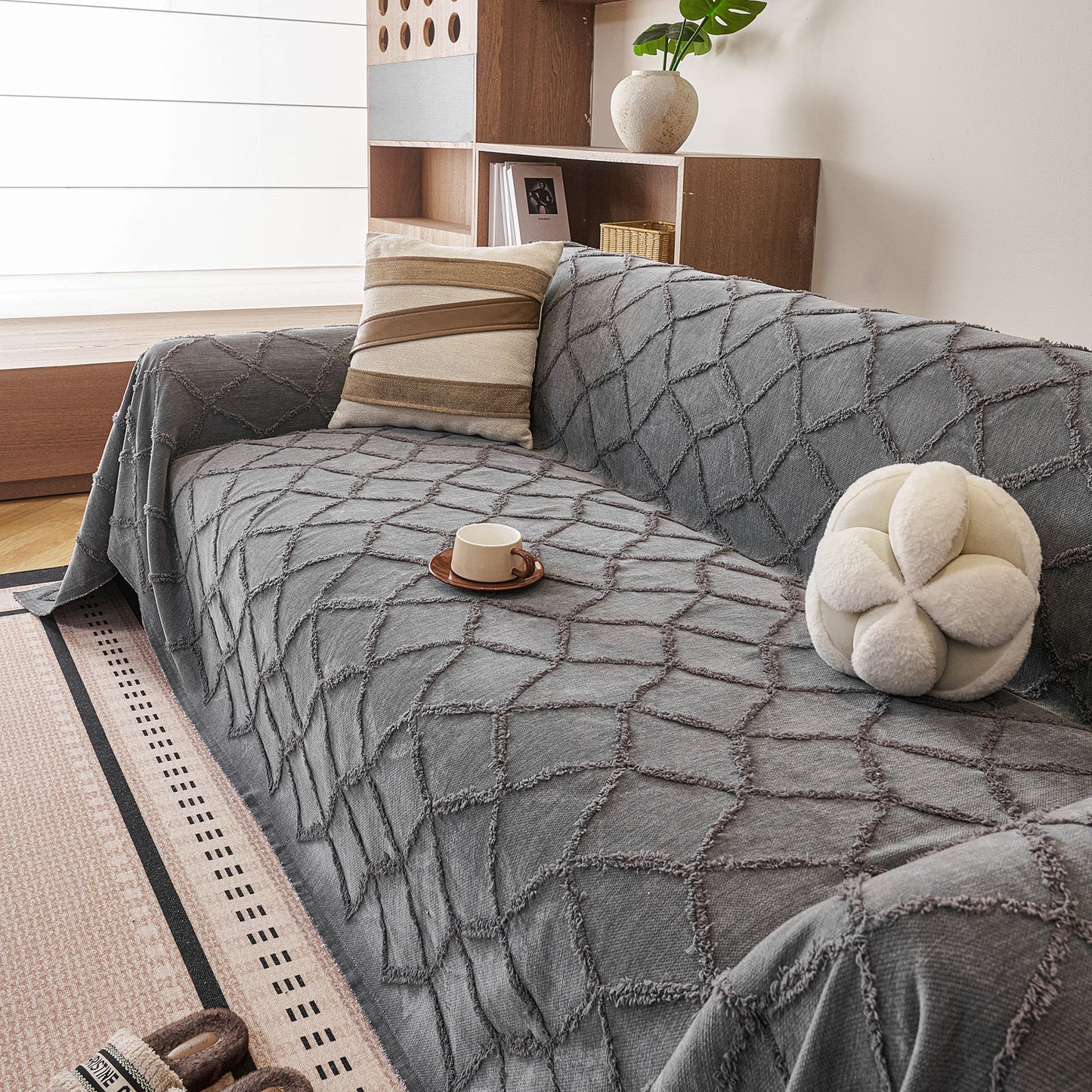 Soft Chenille Sofa Throw Cover, Raised Geometric Texture Furniture Protector Blanket