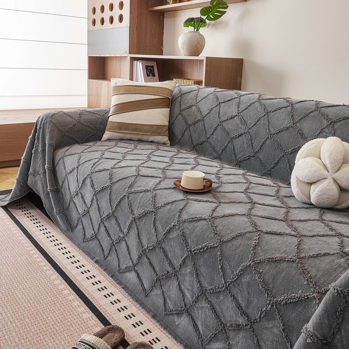 Soft Chenille Sofa Throw Cover, Raised Geometric Texture Furniture Protector Blanket