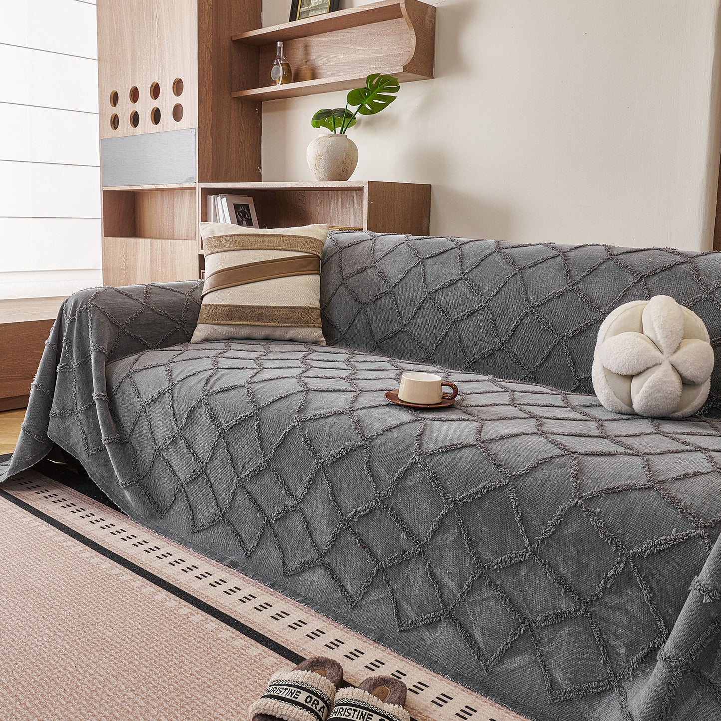 Soft Chenille Sofa Throw Cover, Raised Geometric Texture Furniture Protector Blanket