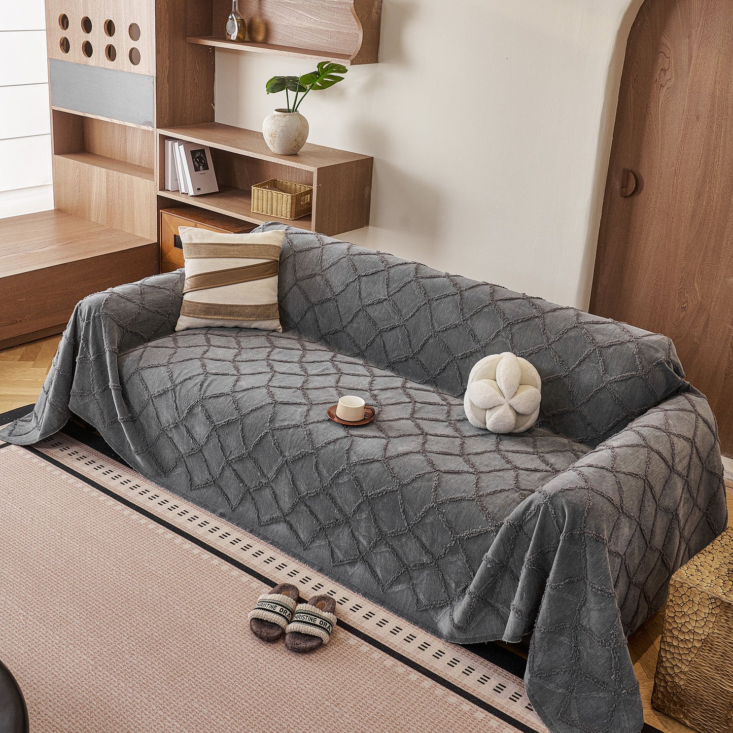 Soft Chenille Sofa Throw Cover, Raised Geometric Texture Furniture Protector Blanket