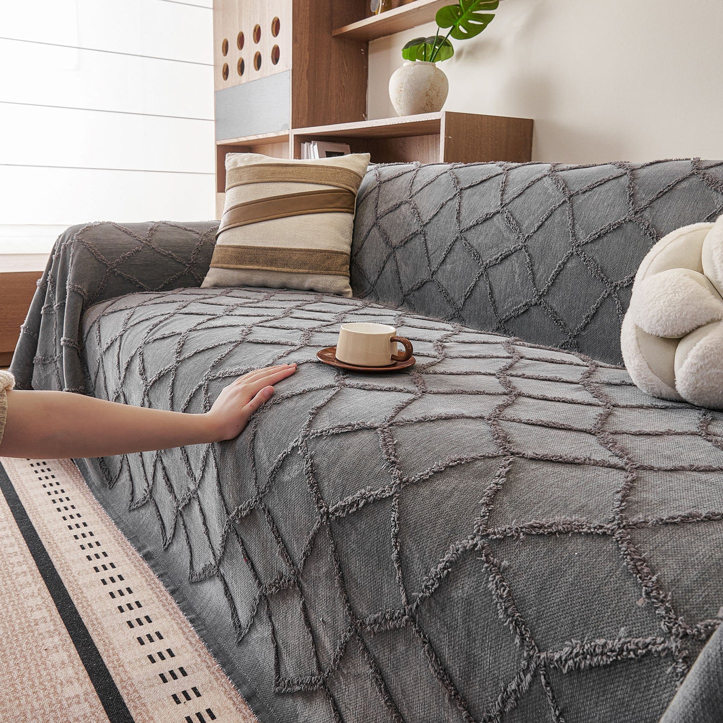 Soft Chenille Sofa Throw Cover, Raised Geometric Texture Furniture Protector Blanket