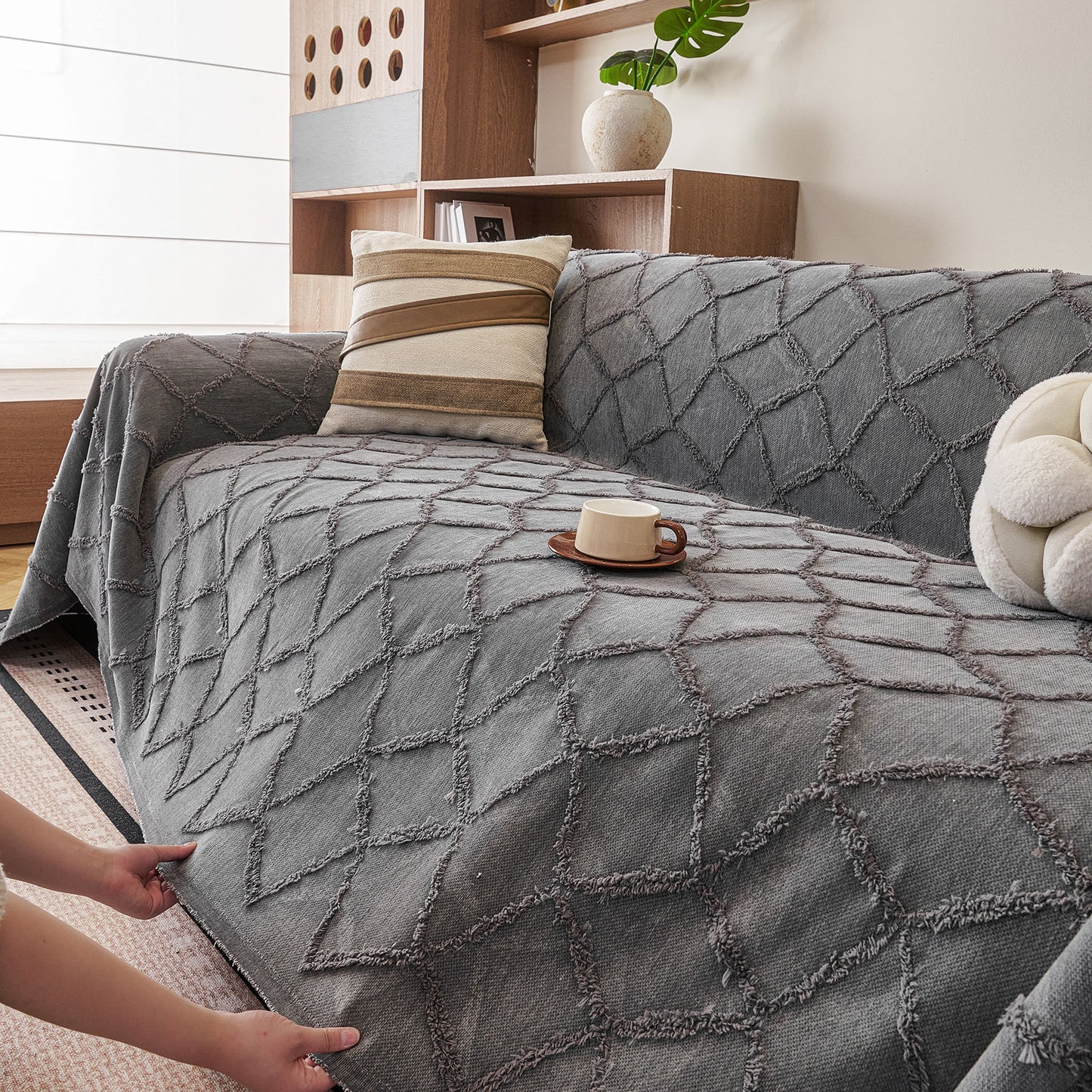 Soft Chenille Sofa Throw Cover, Raised Geometric Texture Furniture Protector Blanket