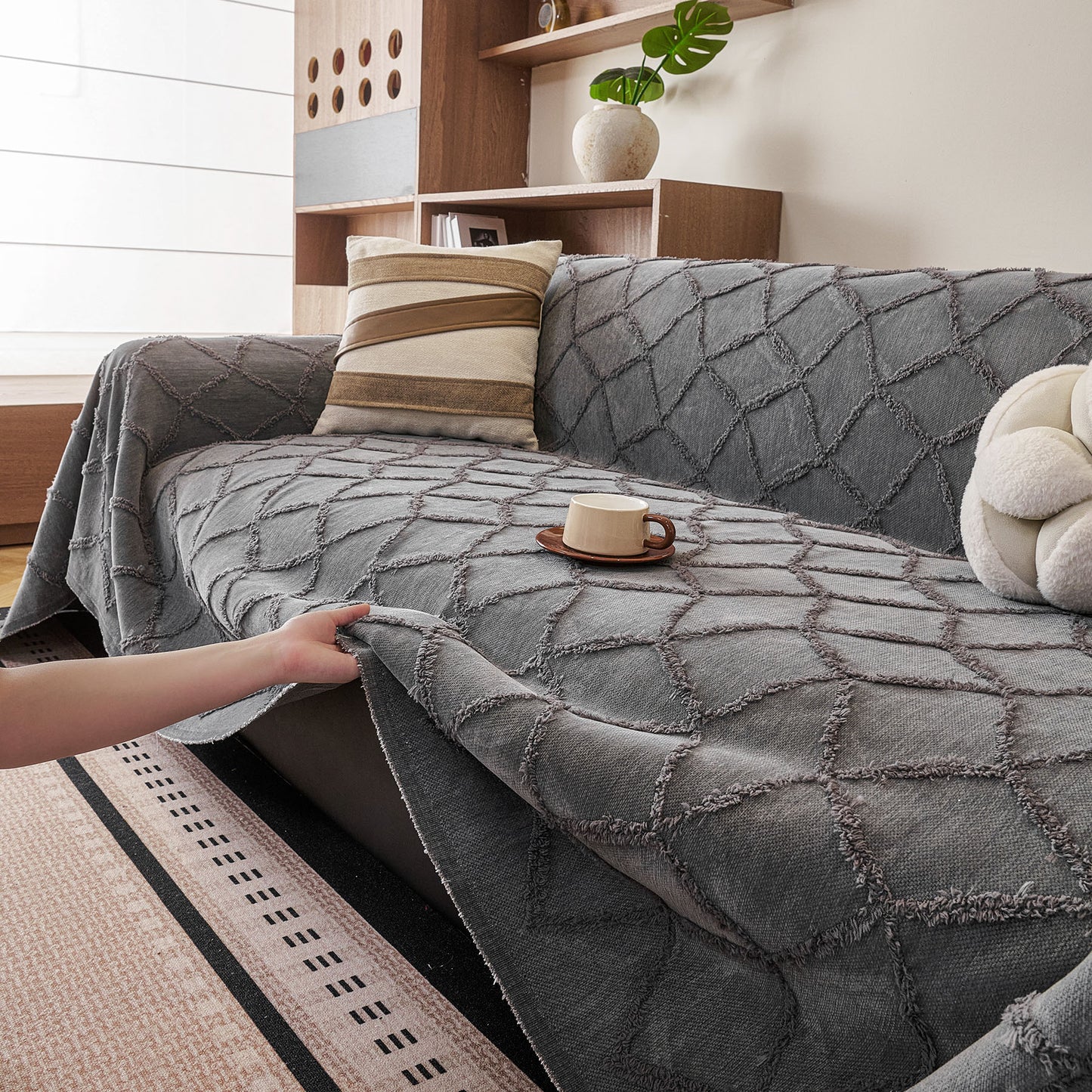 Soft Chenille Sofa Throw Cover, Raised Geometric Texture Furniture Protector Blanket
