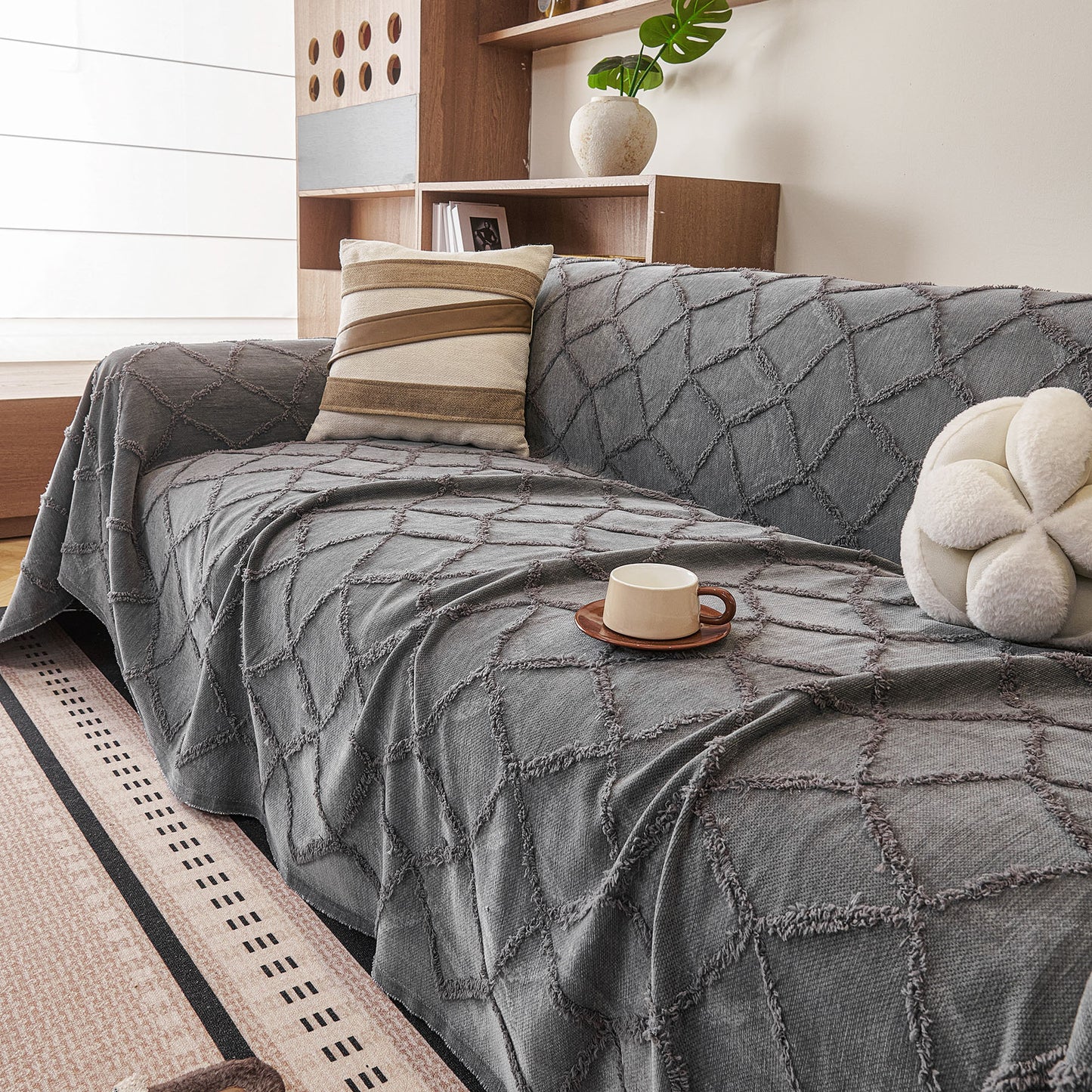Soft Chenille Sofa Throw Cover, Raised Geometric Texture Furniture Protector Blanket