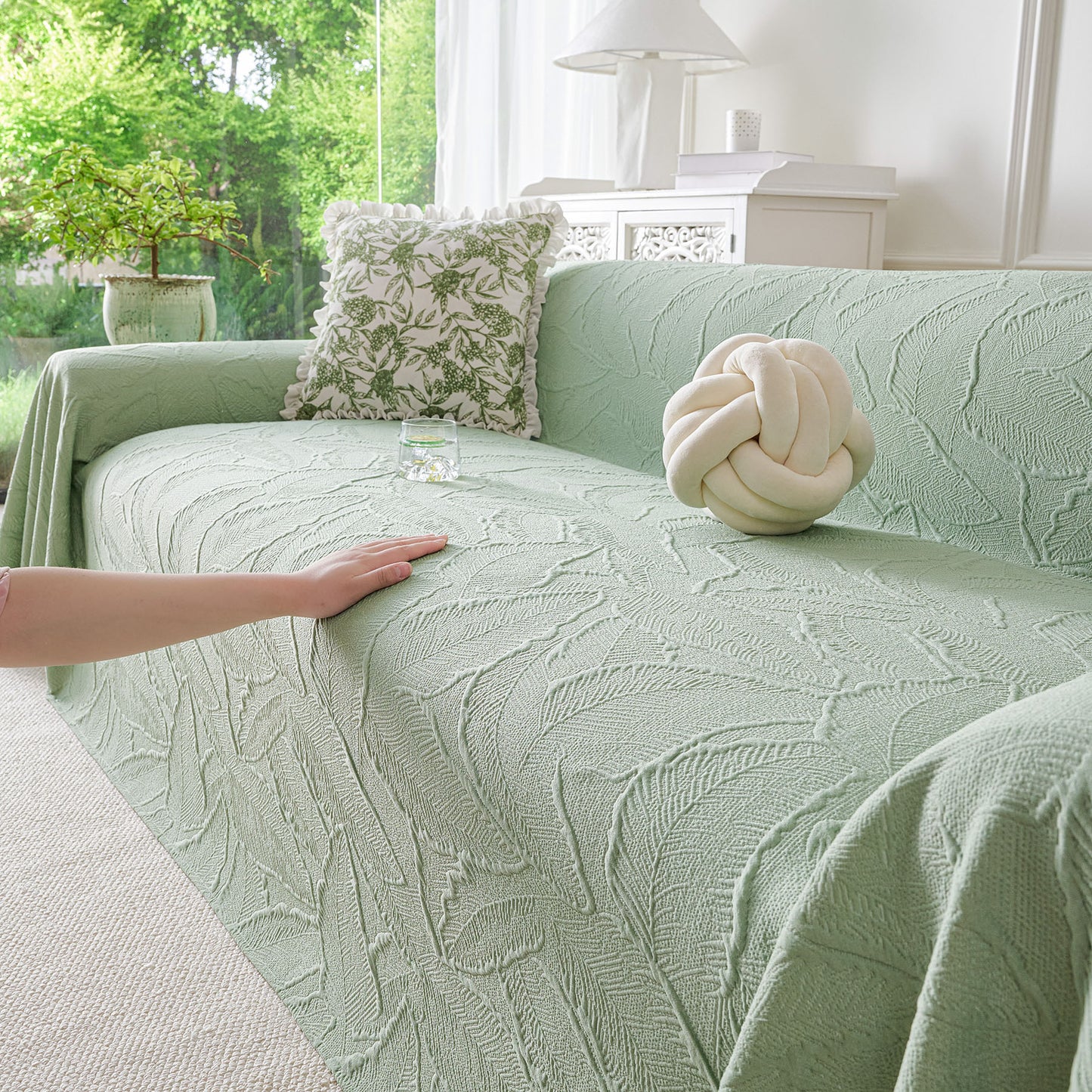 Embossed Leaf Pattern Sofa Cover Blanket for Couch, Soft Cooling Textured Couch Cover