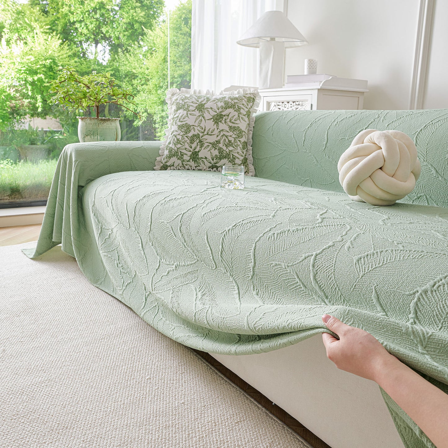 Embossed Leaf Pattern Sofa Cover Blanket for Couch, Soft Cooling Textured Couch Cover