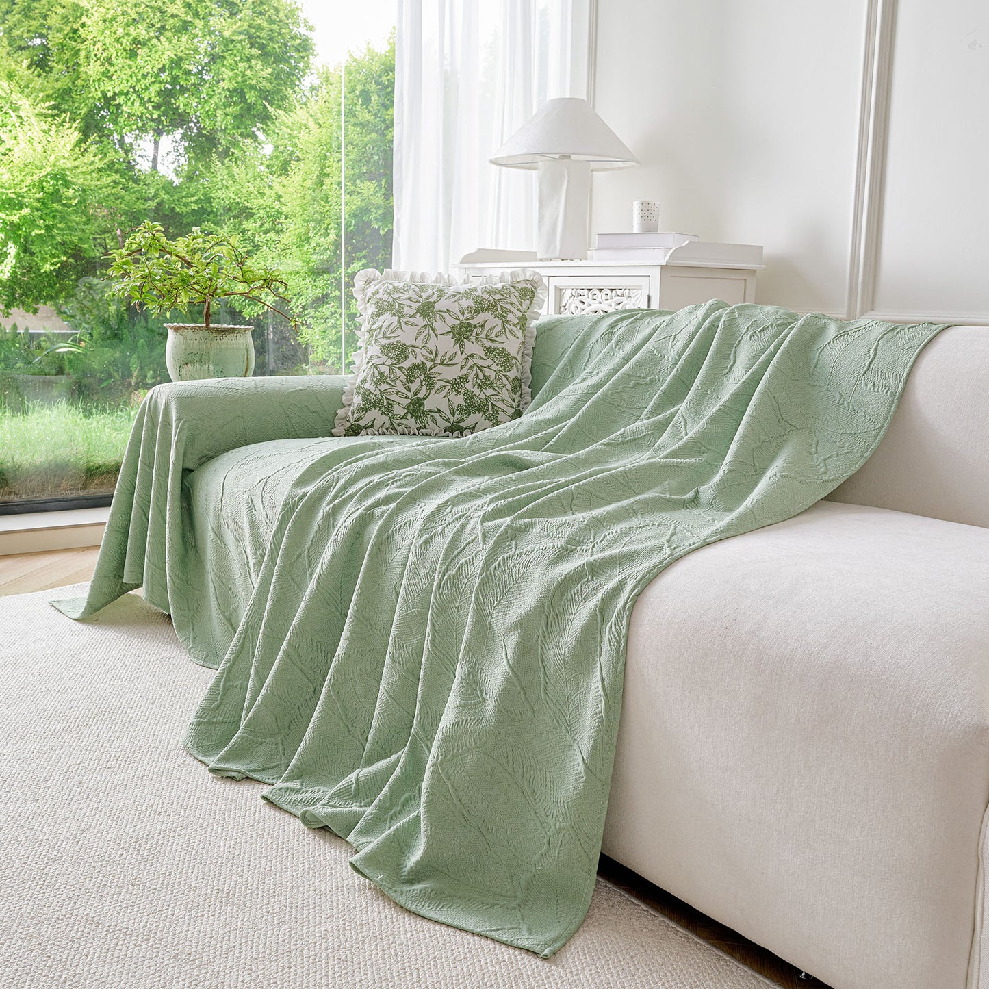 Embossed Leaf Pattern Sofa Cover Blanket for Couch, Soft Cooling Textured Couch Cover