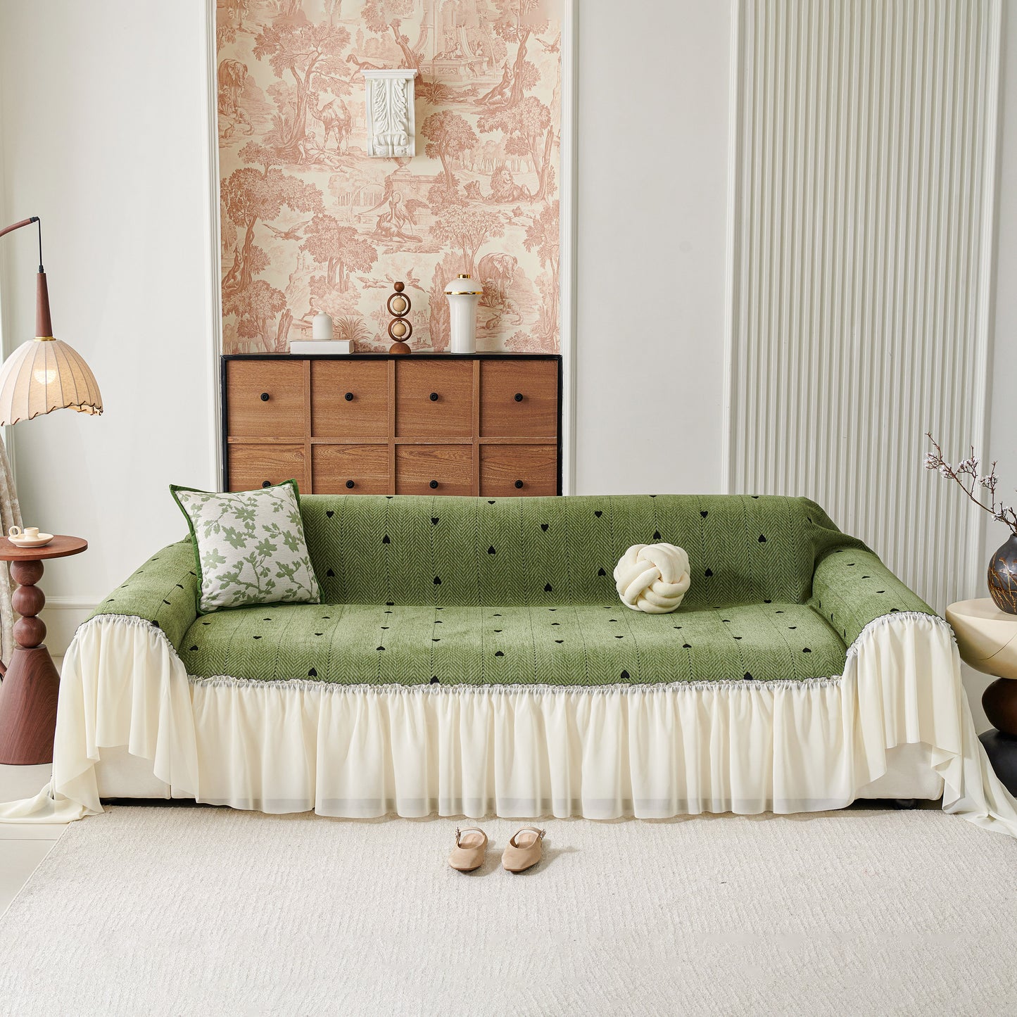Cottagecore Ruffled Sofa Slipcover, Shabby Chic Couch Protector Cover for Living Room