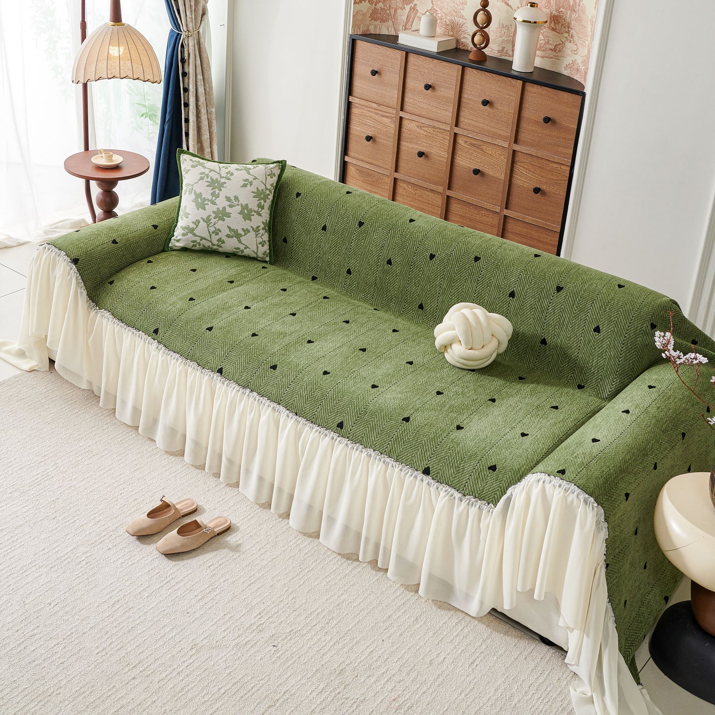 Cottagecore Ruffled Sofa Slipcover, Shabby Chic Couch Protector Cover for Living Room