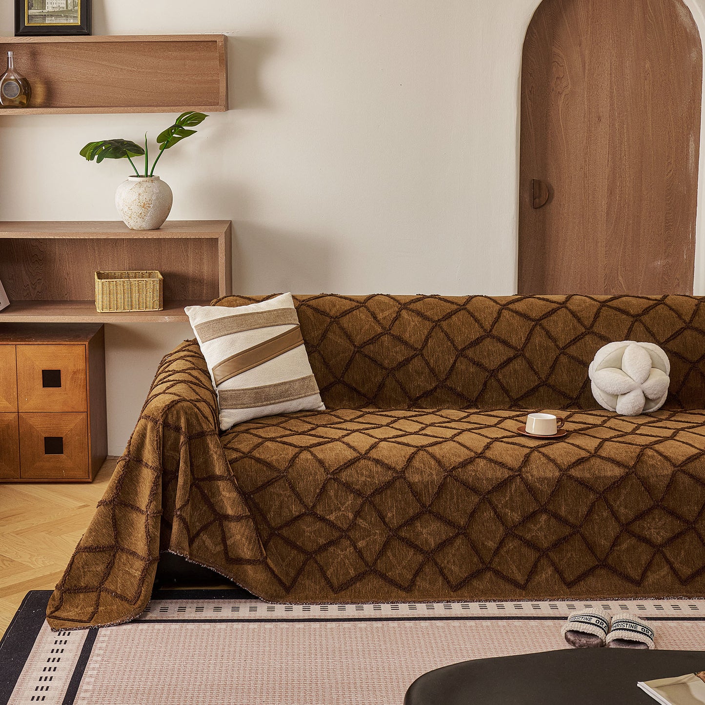 Soft Chenille Sofa Throw Cover, Raised Geometric Texture Furniture Protector Blanket