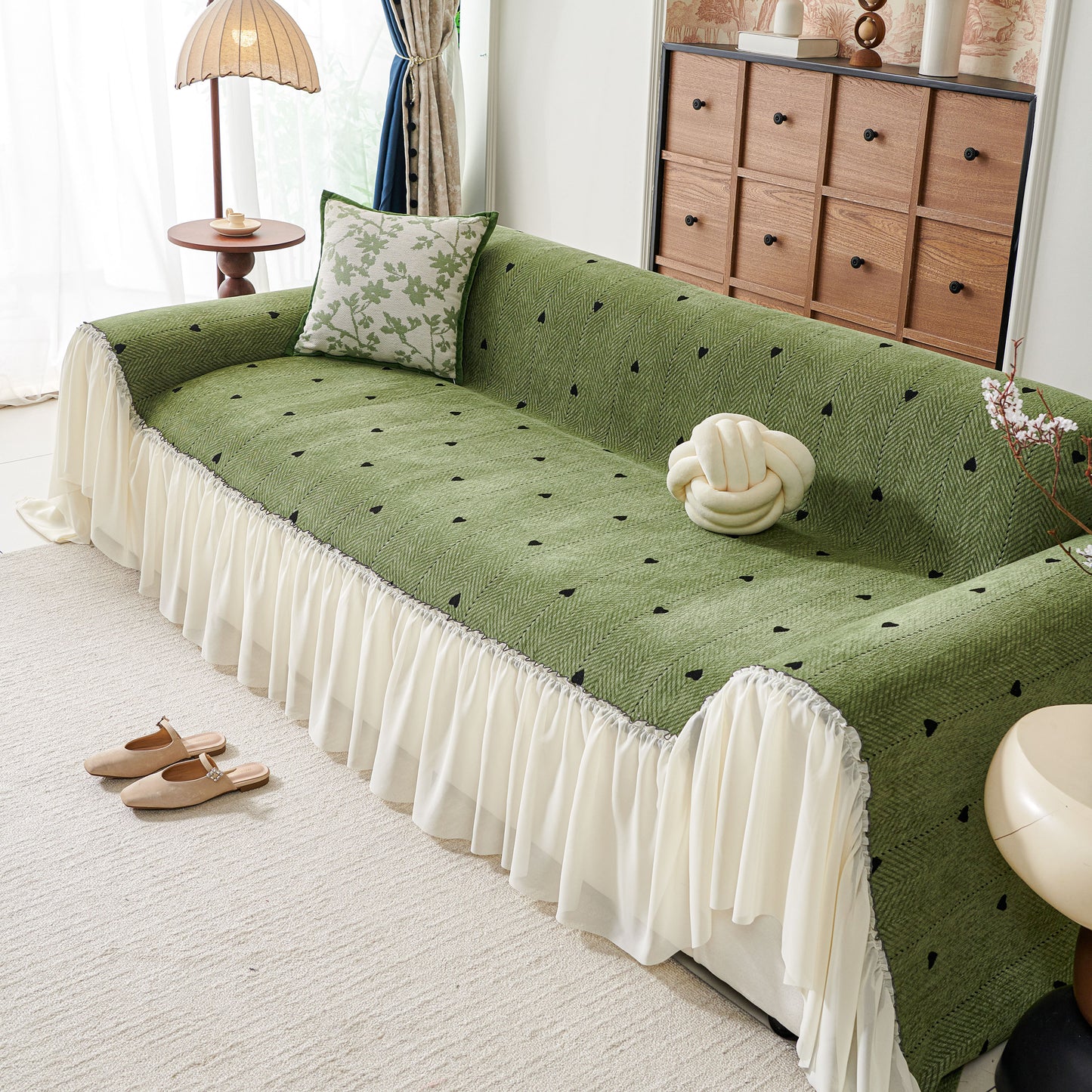 Cottagecore Ruffled Sofa Slipcover, Shabby Chic Couch Protector Cover for Living Room
