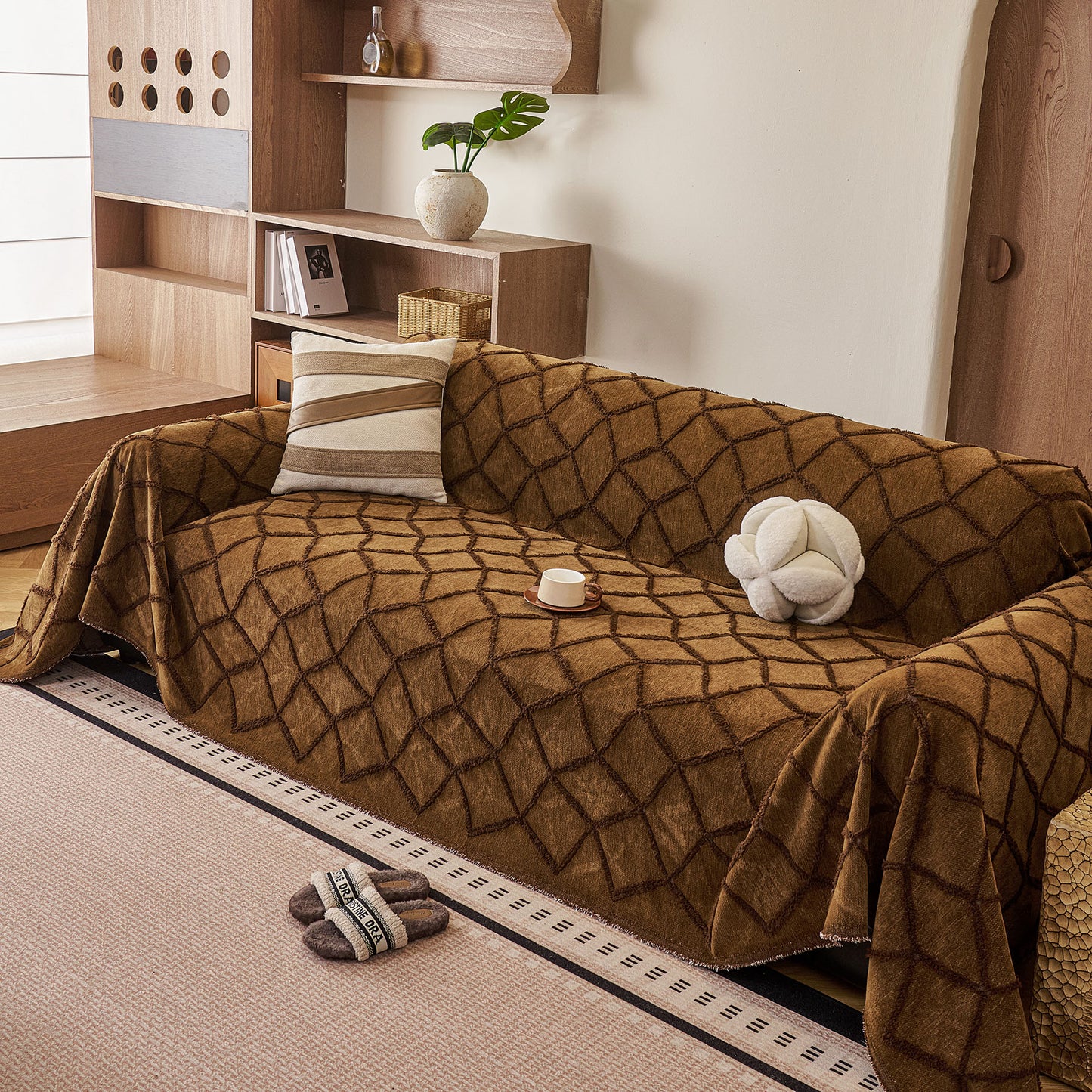 Soft Chenille Sofa Throw Cover, Raised Geometric Texture Furniture Protector Blanket