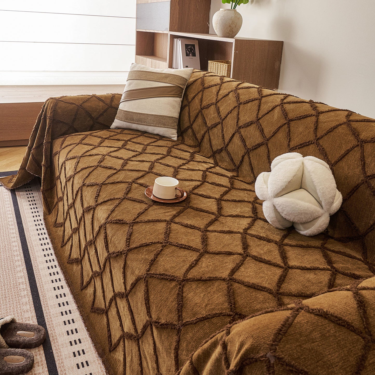 Soft Chenille Sofa Throw Cover, Raised Geometric Texture Furniture Protector Blanket