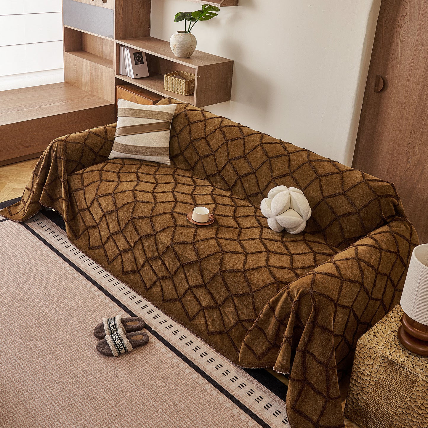 Soft Chenille Sofa Throw Cover, Raised Geometric Texture Furniture Protector Blanket