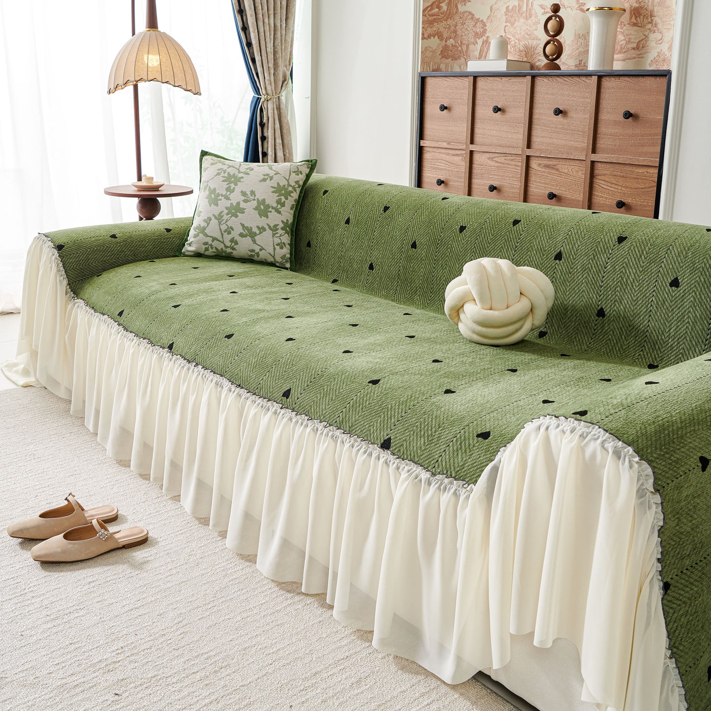 Cottagecore Ruffled Sofa Slipcover, Shabby Chic Couch Protector Cover for Living Room