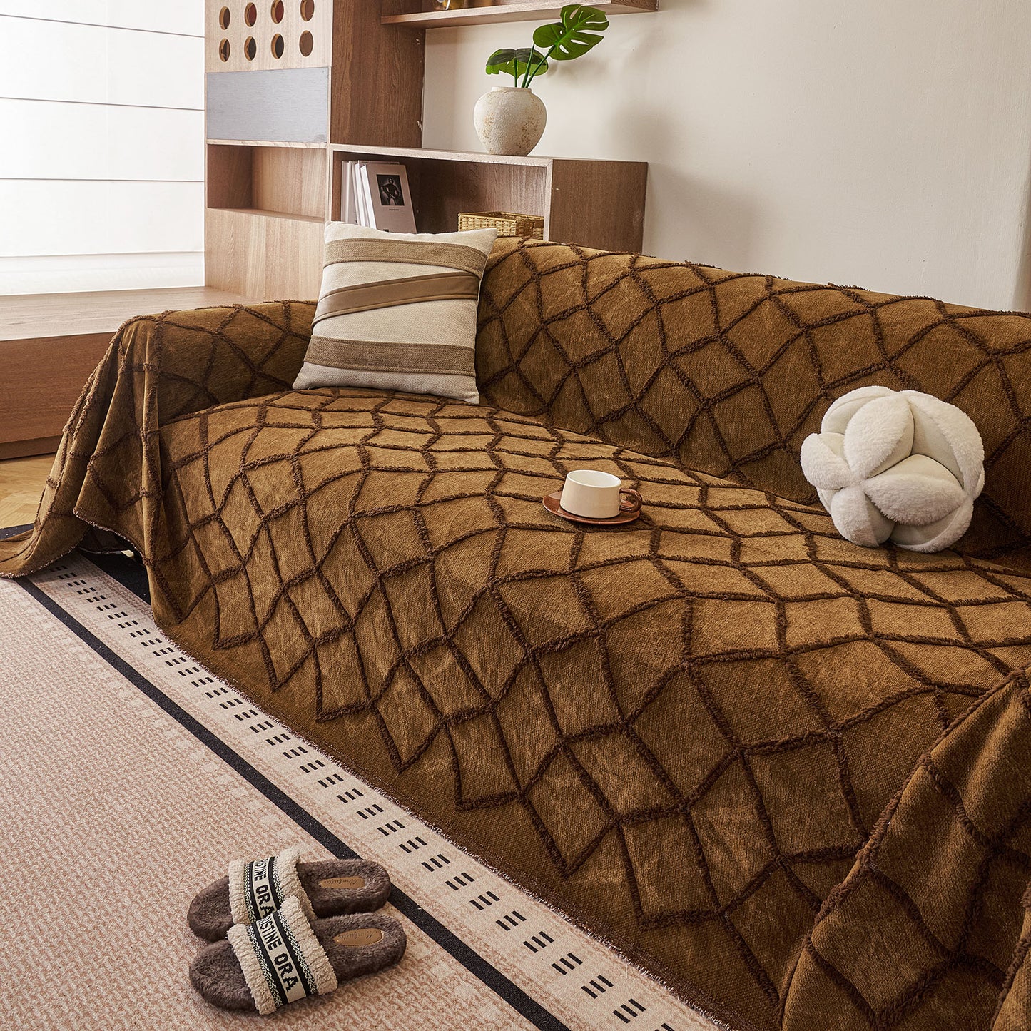 Soft Chenille Sofa Throw Cover, Raised Geometric Texture Furniture Protector Blanket