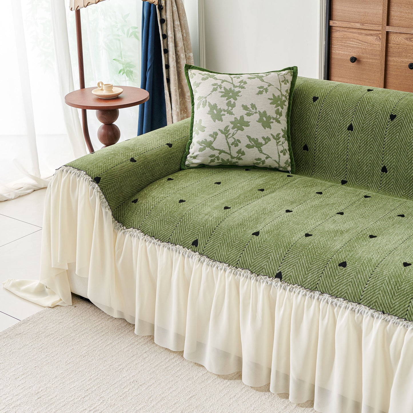 Cottagecore Ruffled Sofa Slipcover, Shabby Chic Couch Protector Cover for Living Room
