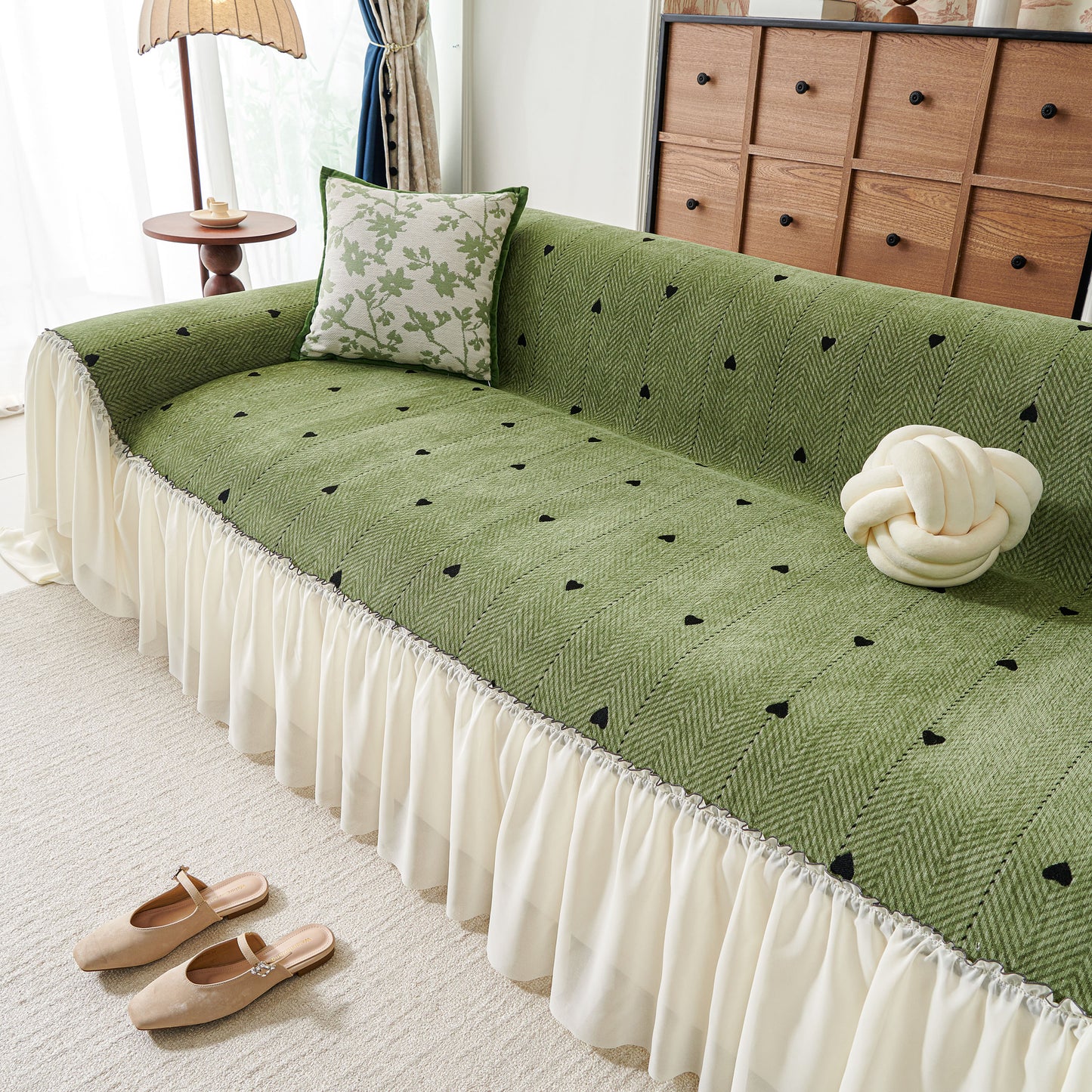 Cottagecore Ruffled Sofa Slipcover, Shabby Chic Couch Protector Cover for Living Room