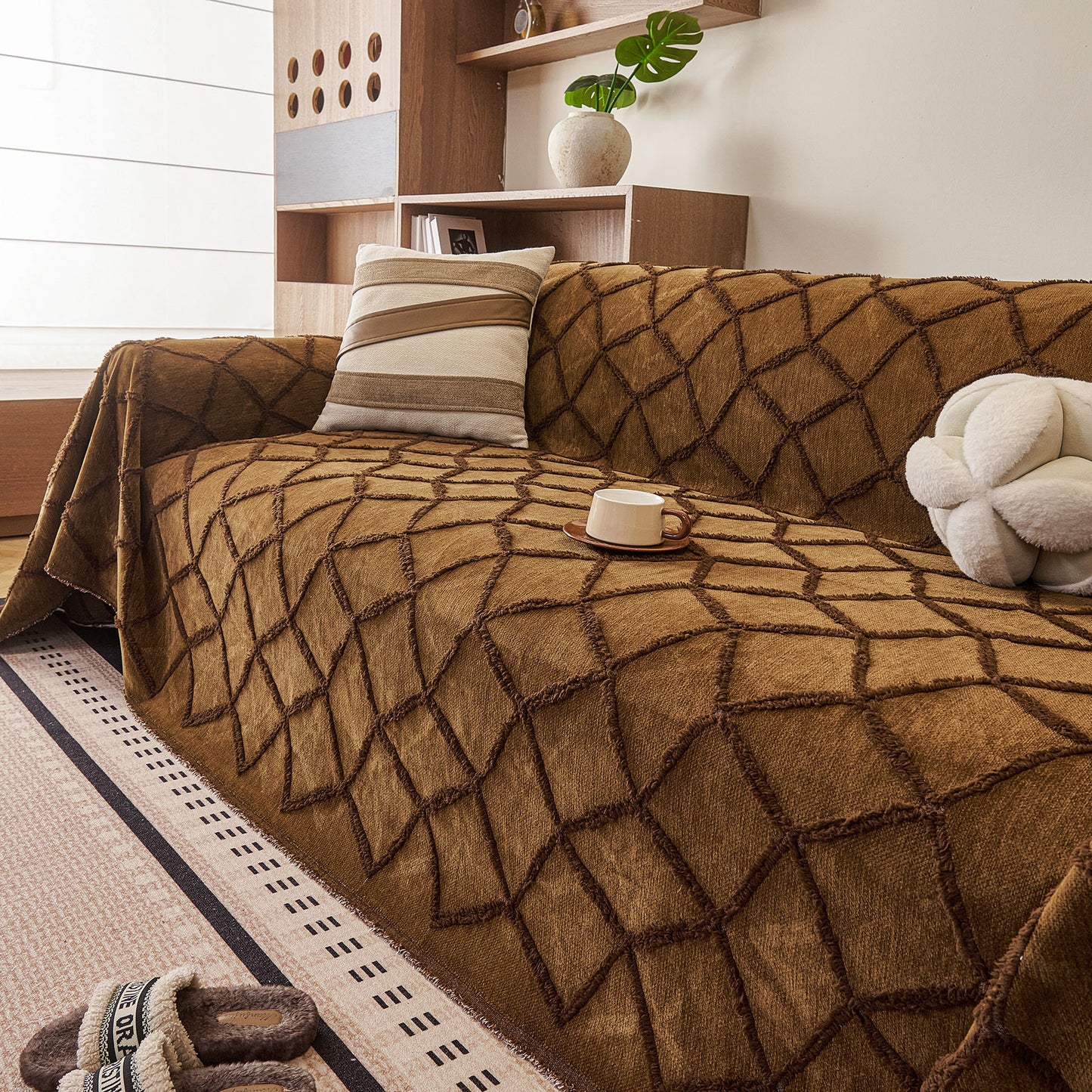 Soft Chenille Sofa Throw Cover, Raised Geometric Texture Furniture Protector Blanket