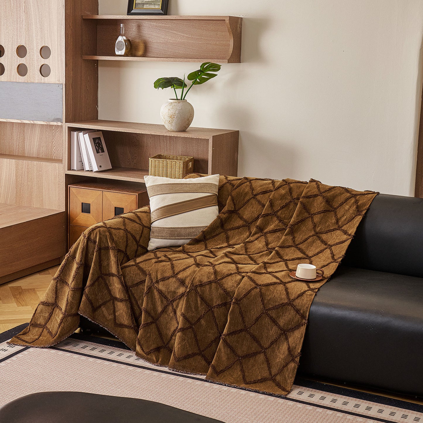 Soft Chenille Sofa Throw Cover, Raised Geometric Texture Furniture Protector Blanket