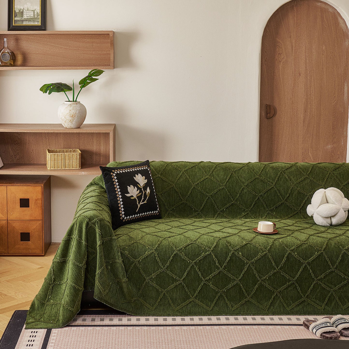 Soft Chenille Sofa Throw Cover, Raised Geometric Texture Furniture Protector Blanket
