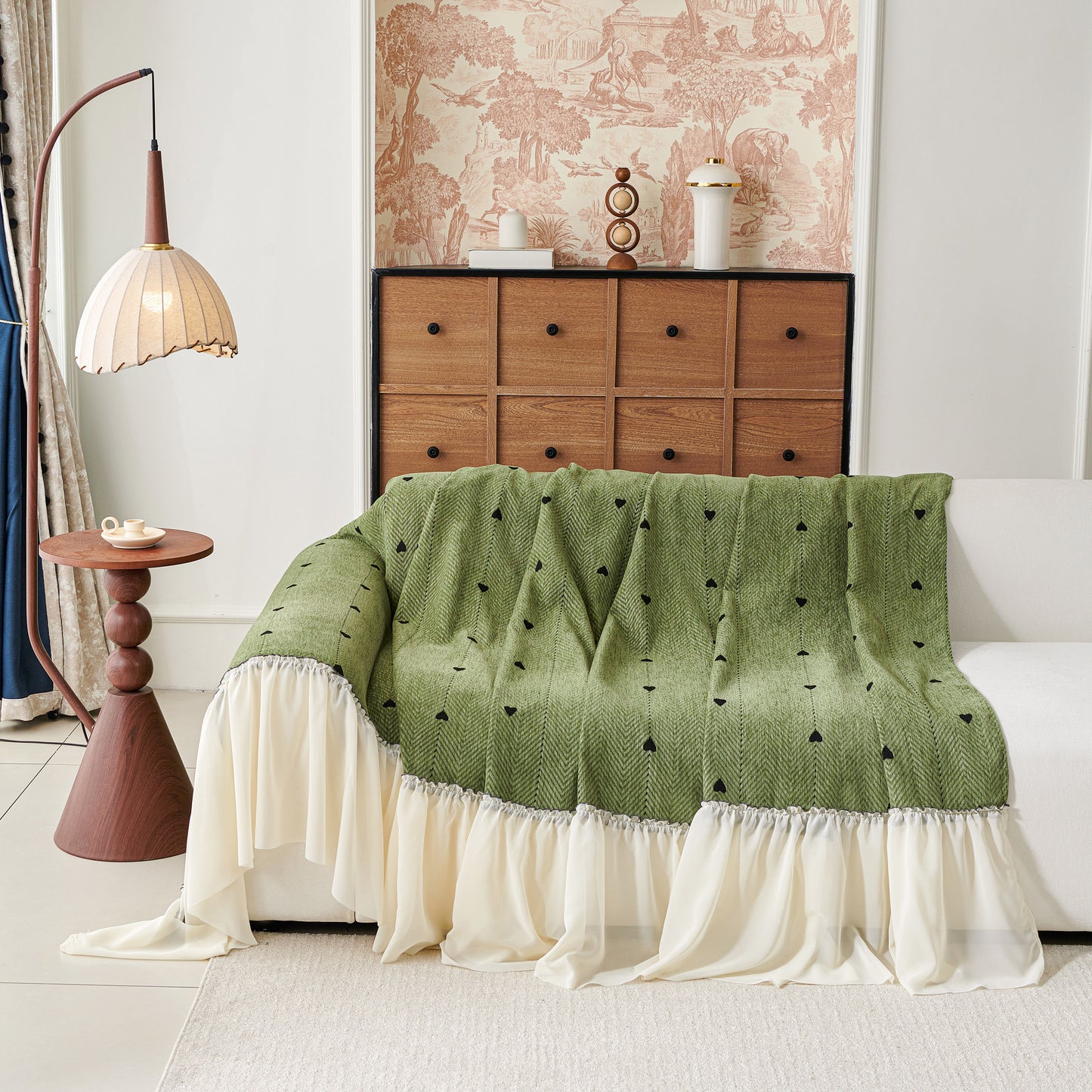Cottagecore Ruffled Sofa Slipcover, Shabby Chic Couch Protector Cover for Living Room