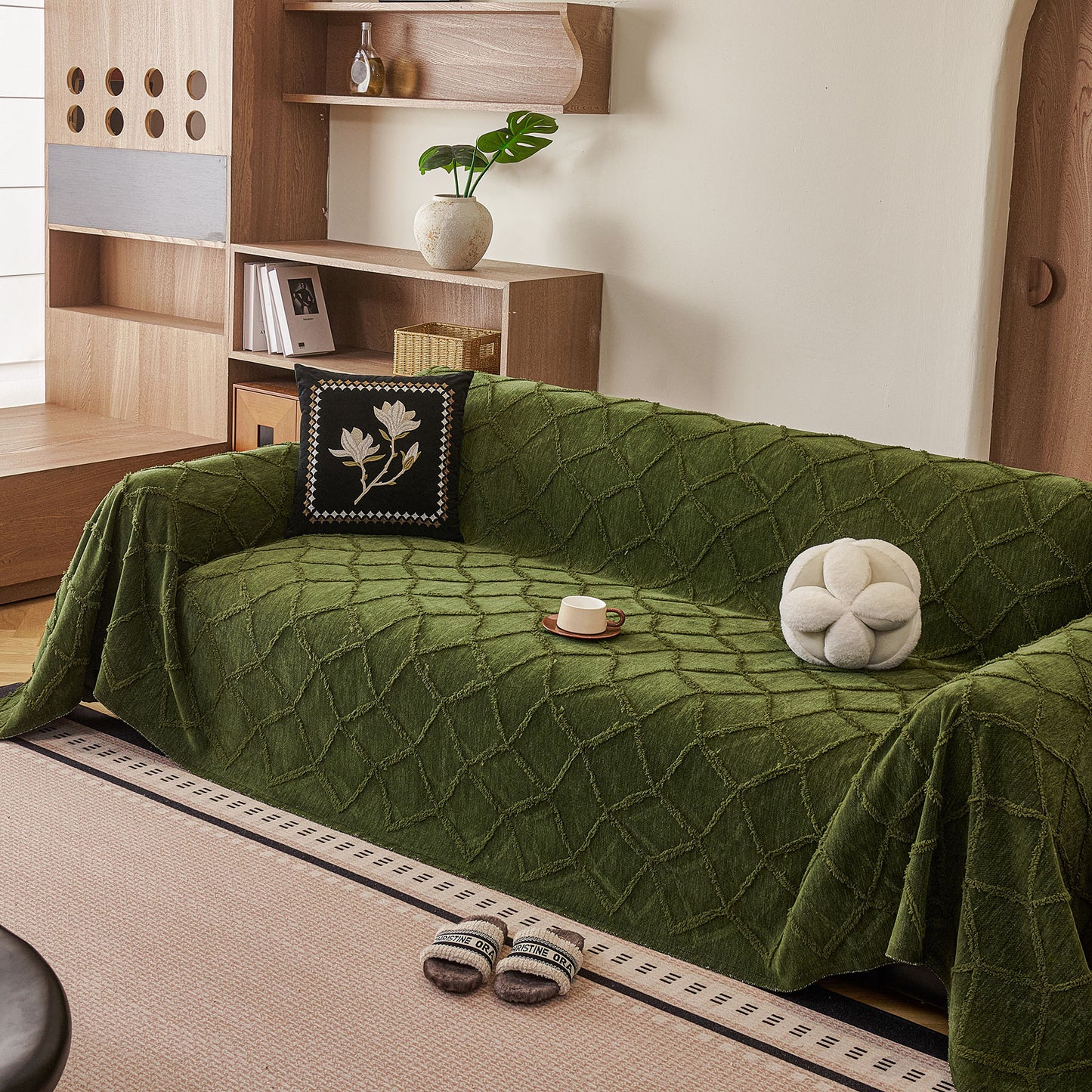 Soft Chenille Sofa Throw Cover, Raised Geometric Texture Furniture Protector Blanket