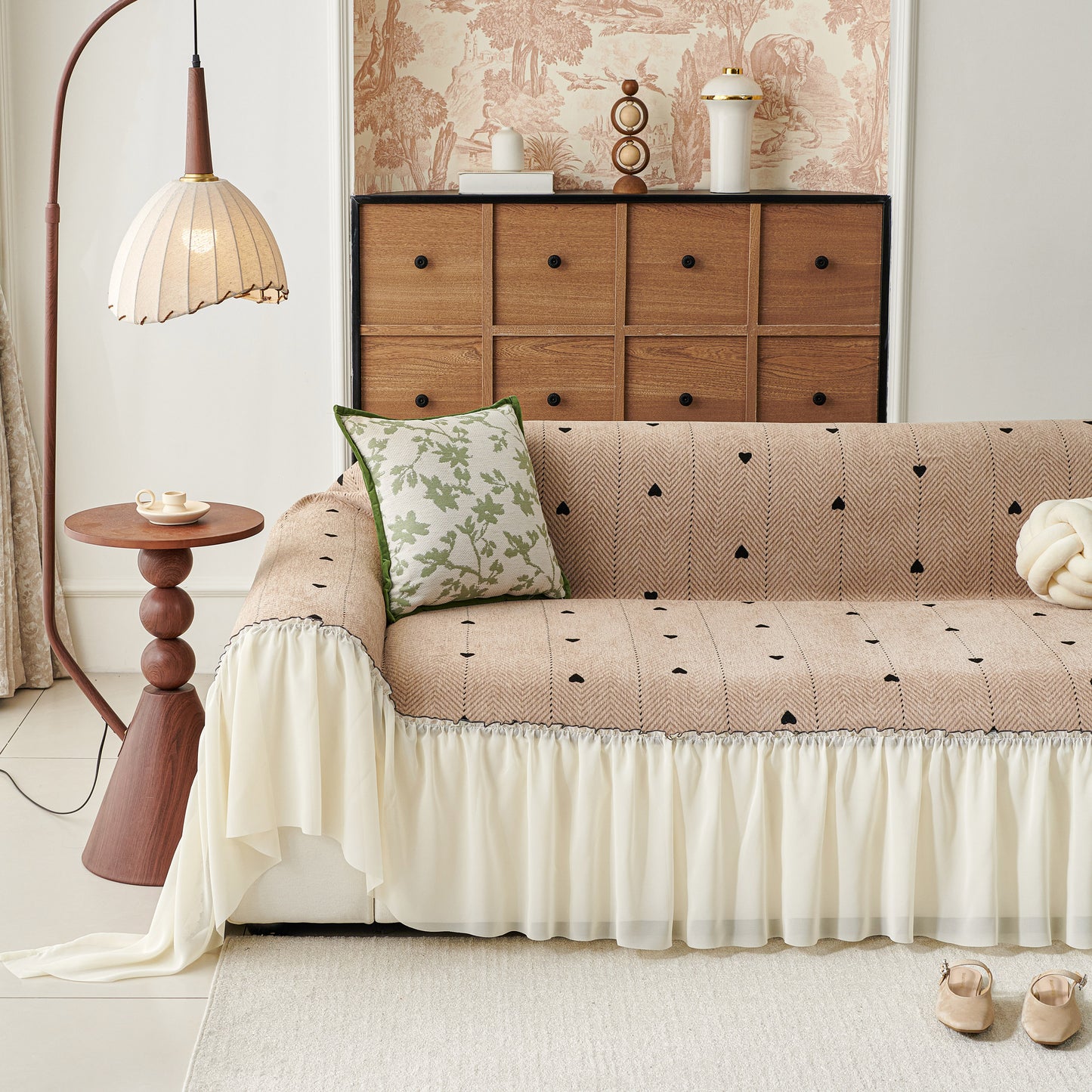Cottagecore Ruffled Sofa Slipcover, Shabby Chic Couch Protector Cover for Living Room