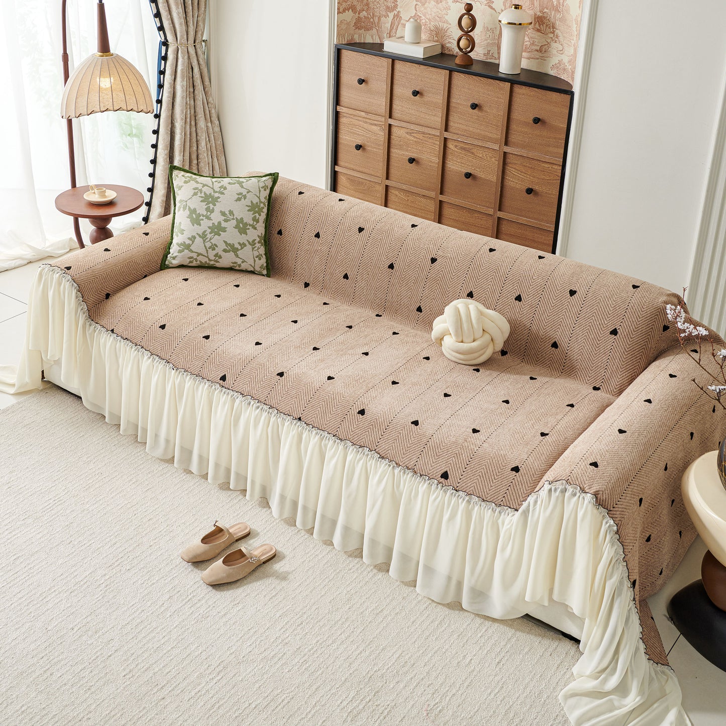 Cottagecore Ruffled Sofa Slipcover, Shabby Chic Couch Protector Cover for Living Room