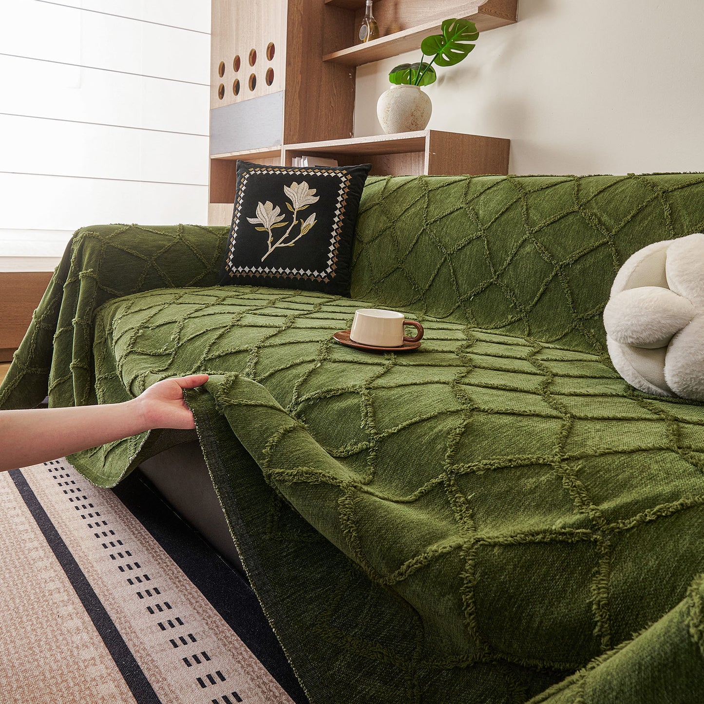 Soft Chenille Sofa Throw Cover, Raised Geometric Texture Furniture Protector Blanket