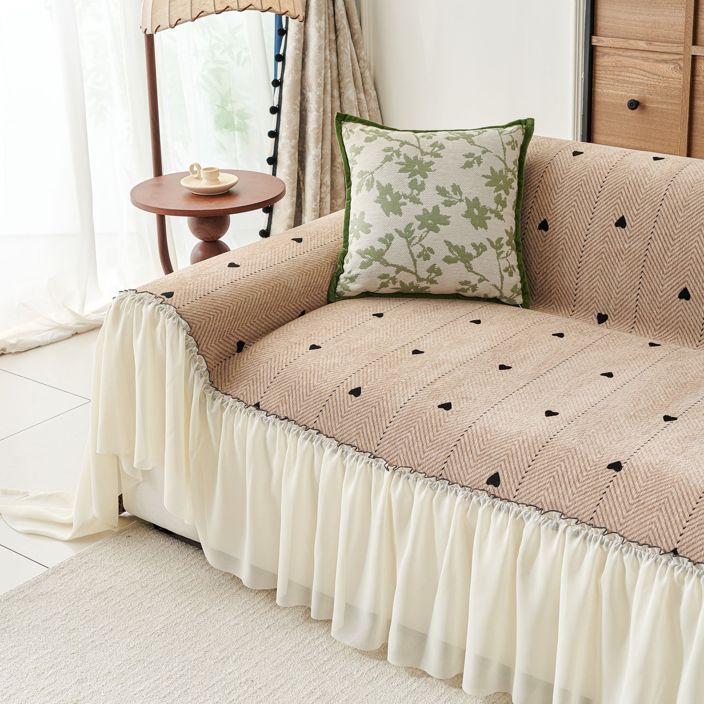 Cottagecore Ruffled Sofa Slipcover, Shabby Chic Couch Protector Cover for Living Room