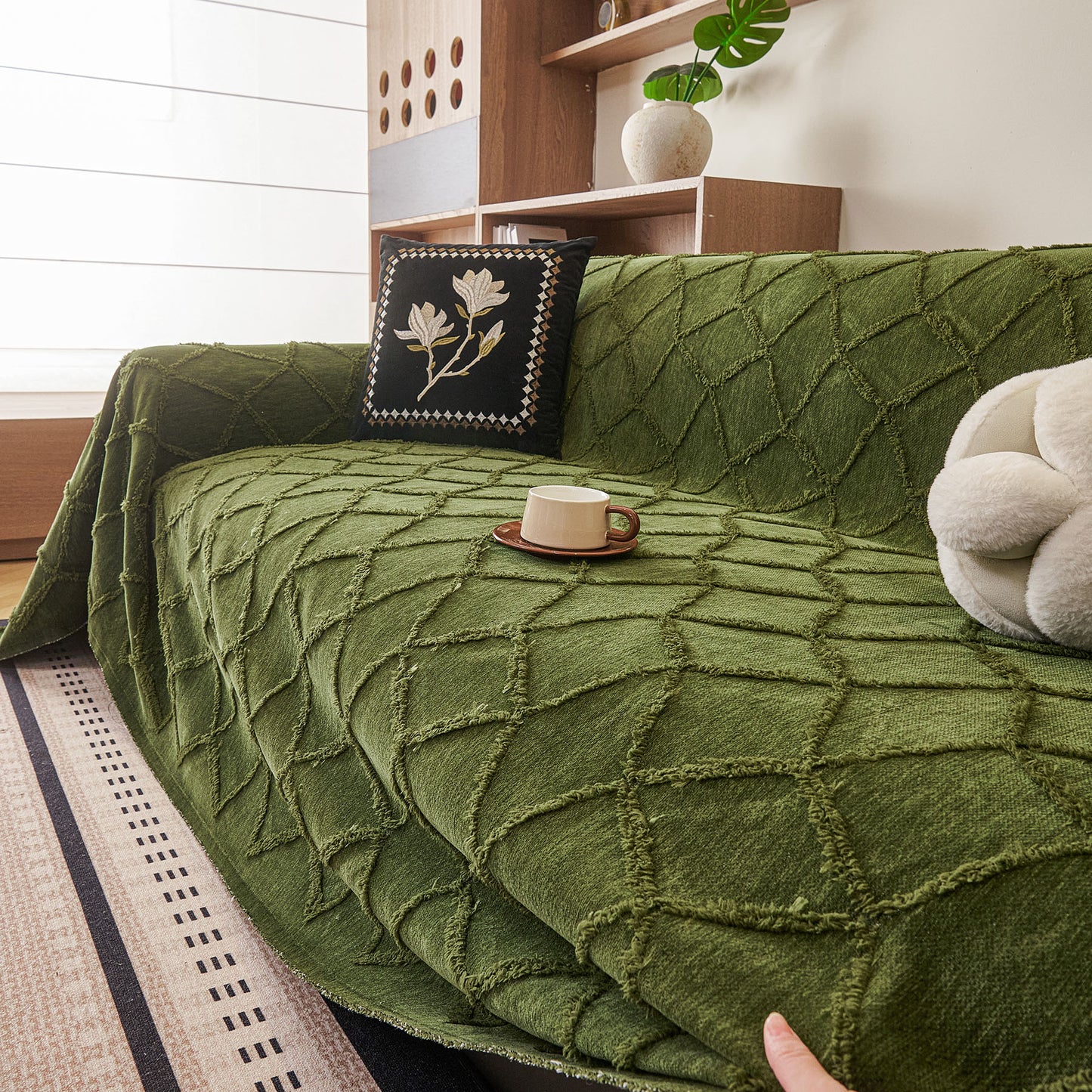 Soft Chenille Sofa Throw Cover, Raised Geometric Texture Furniture Protector Blanket