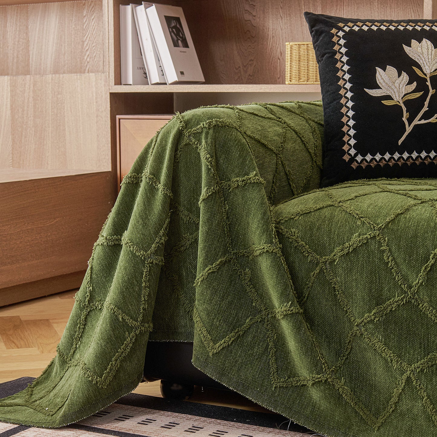 Soft Chenille Sofa Throw Cover, Raised Geometric Texture Furniture Protector Blanket
