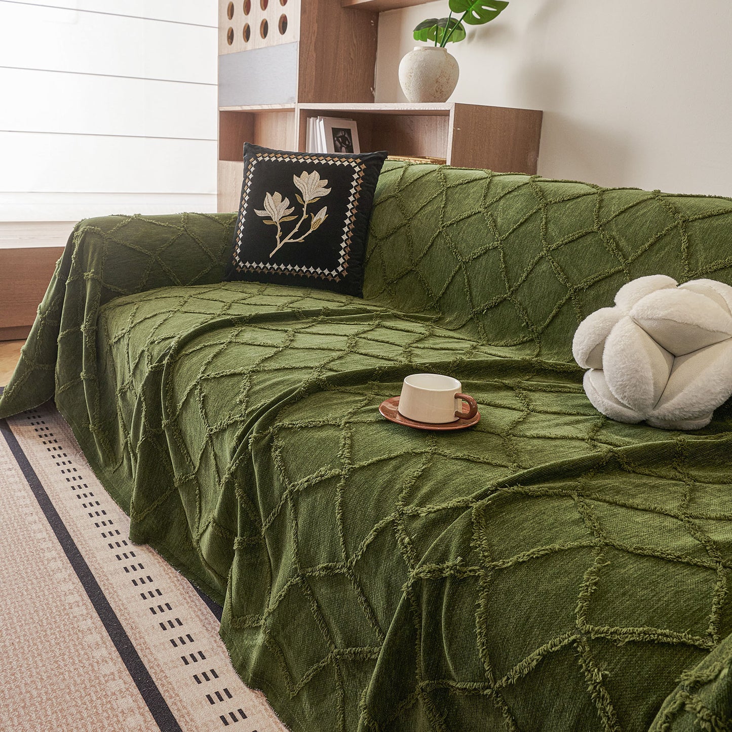 Soft Chenille Sofa Throw Cover, Raised Geometric Texture Furniture Protector Blanket