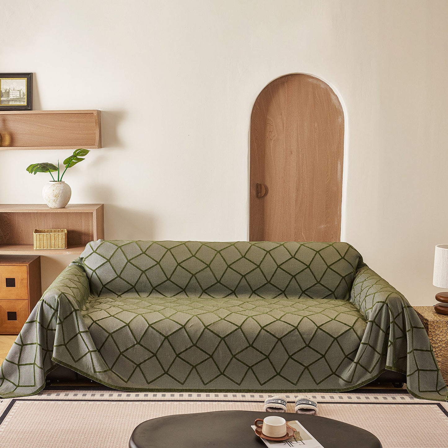 Soft Chenille Sofa Throw Cover, Raised Geometric Texture Furniture Protector Blanket