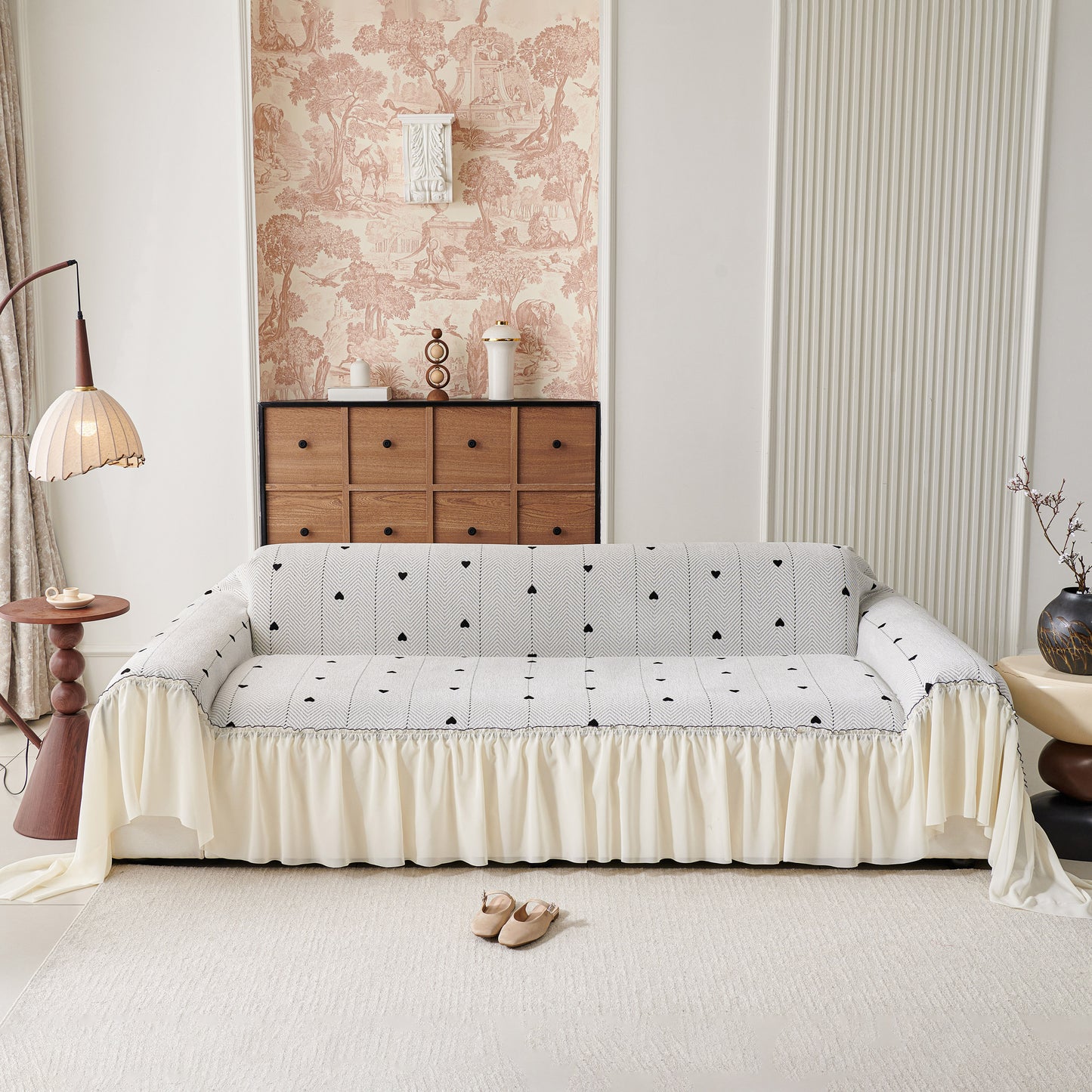 Cottagecore Ruffled Sofa Slipcover, Shabby Chic Couch Protector Cover for Living Room
